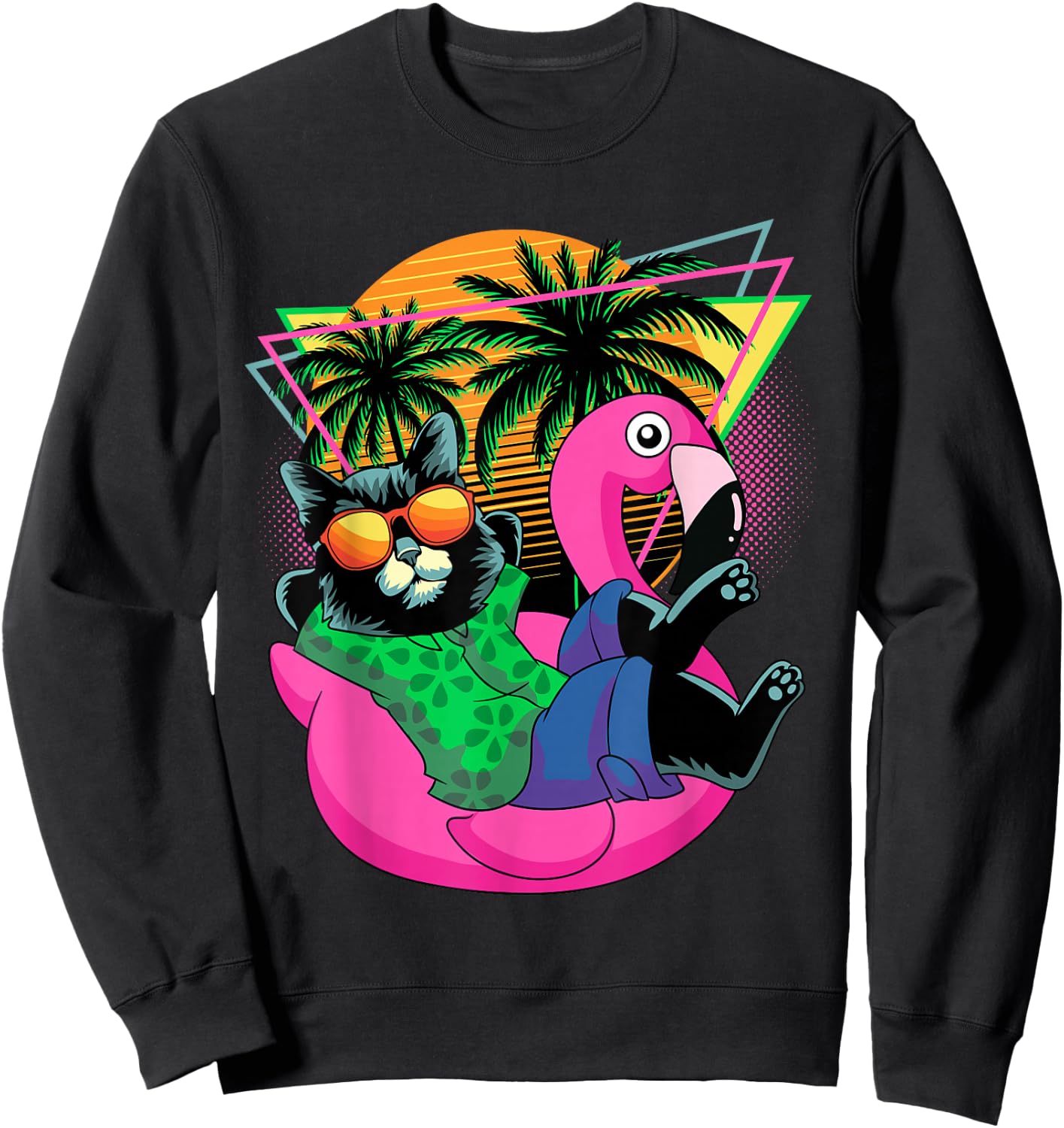 Retro 80s 90s Flamingo Cat Gifts Men Kids Women Funny Cat Sweatshirt - Sweatshirt | Black