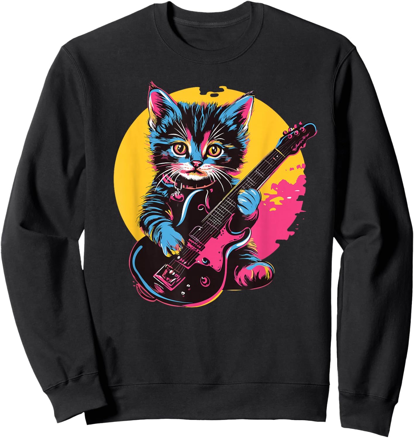 Cute Kitten Playing Guitar Rock Style , Black, S Sweatshirt - Sweatshirt | Black