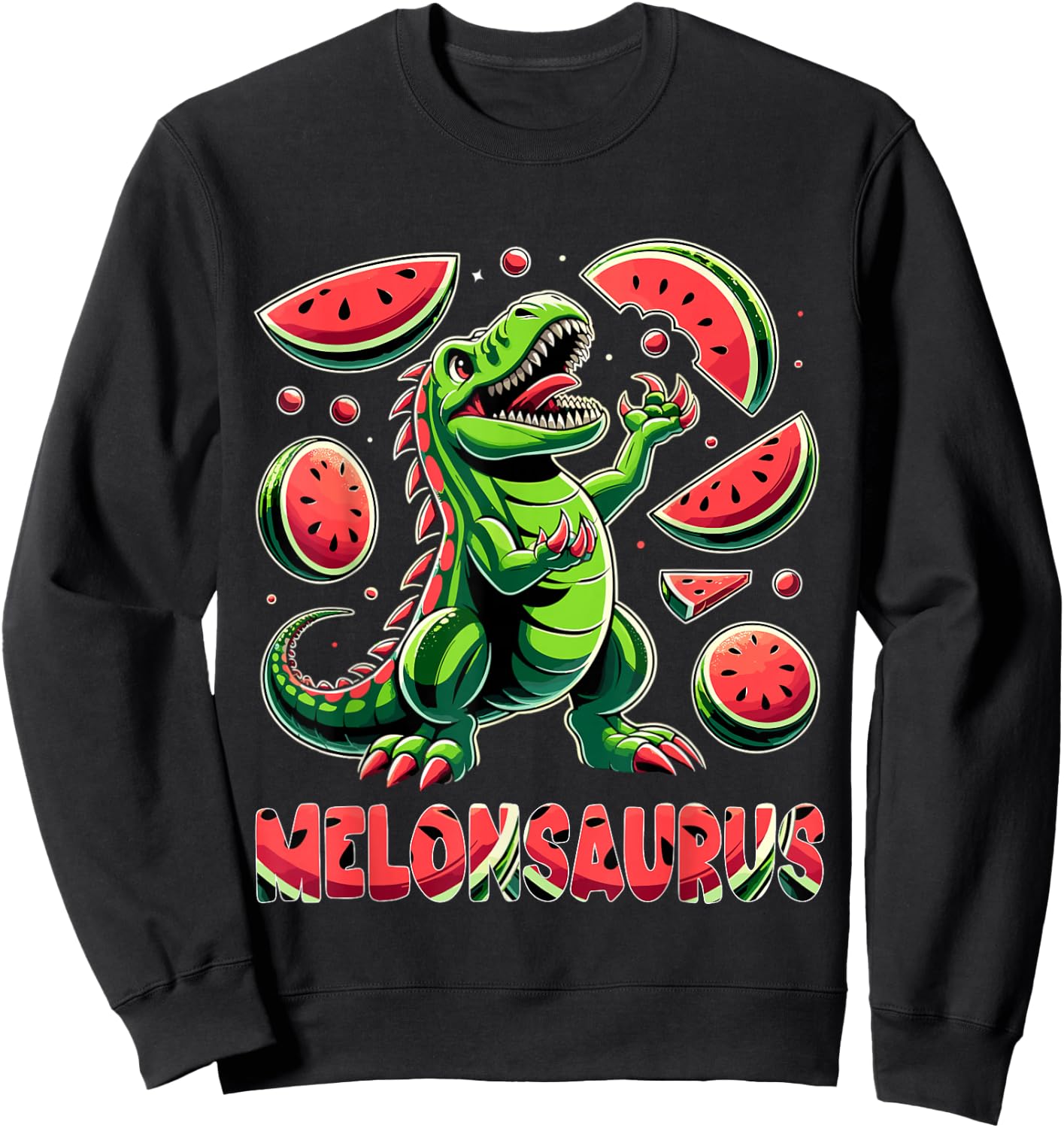 Melonsaurus Watermelon Dinosaur Summer Tropical Vacation Sweatshirt - Sweatshirt | Black