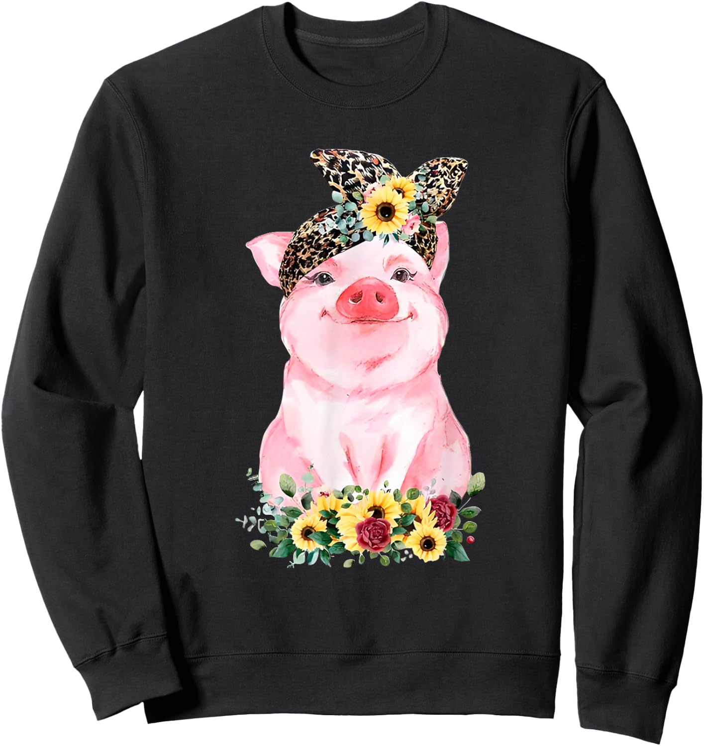 Pig With Leopard Headband Flower Cute Pig Lover Sweatshirt - Sweatshirt | Black