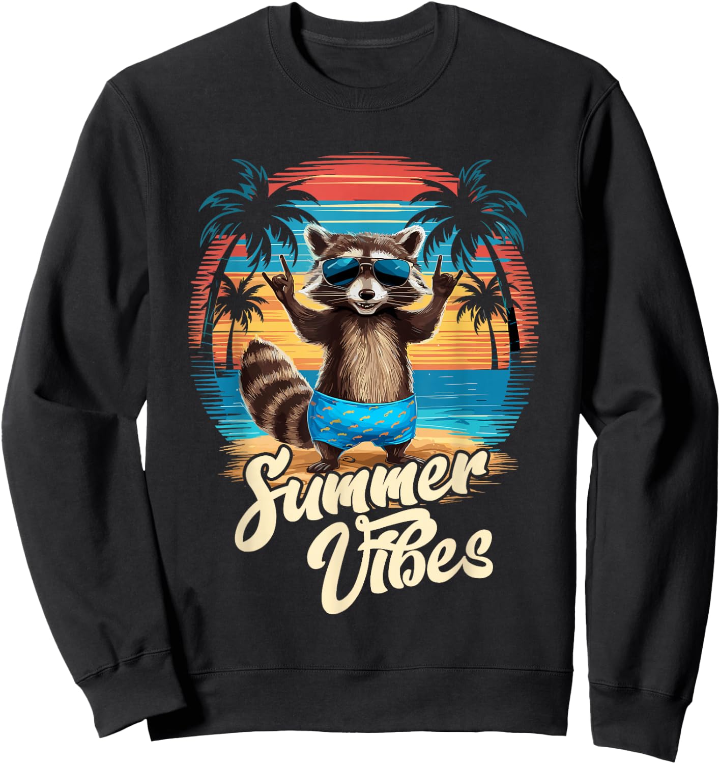 Beach Caribbean Party Hawaii Holiday Surfer Raccoon Summer , black Sweatshirt - Sweatshirt | Black