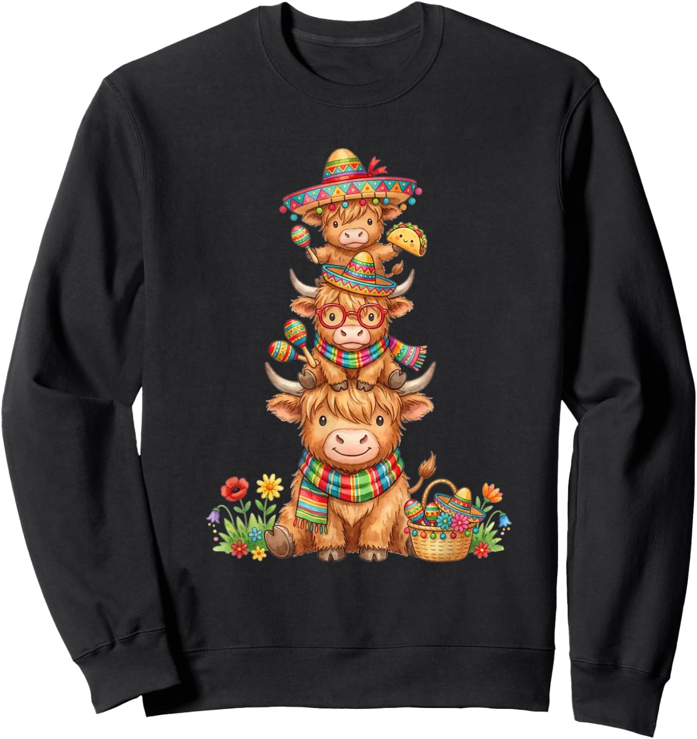 Highland Cow Fiesta with Sombrero and Maracas Cinco De Mayo Sweatshirt - Sweatshirt | Black