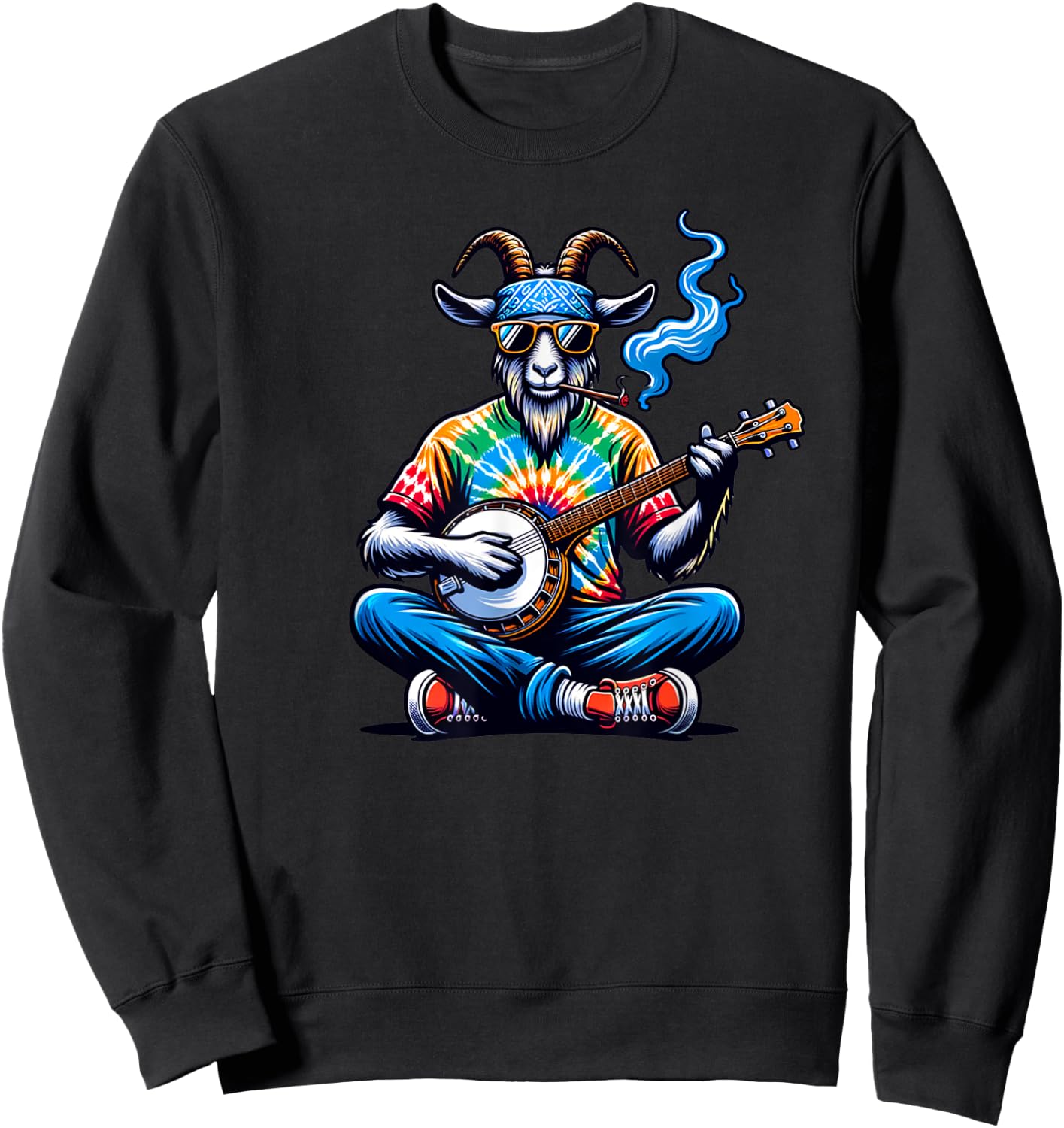 Goat Playing Bluegrass Music on a Banjo Wearing Tie Dye Sweatshirt - Sweatshirt | Black
