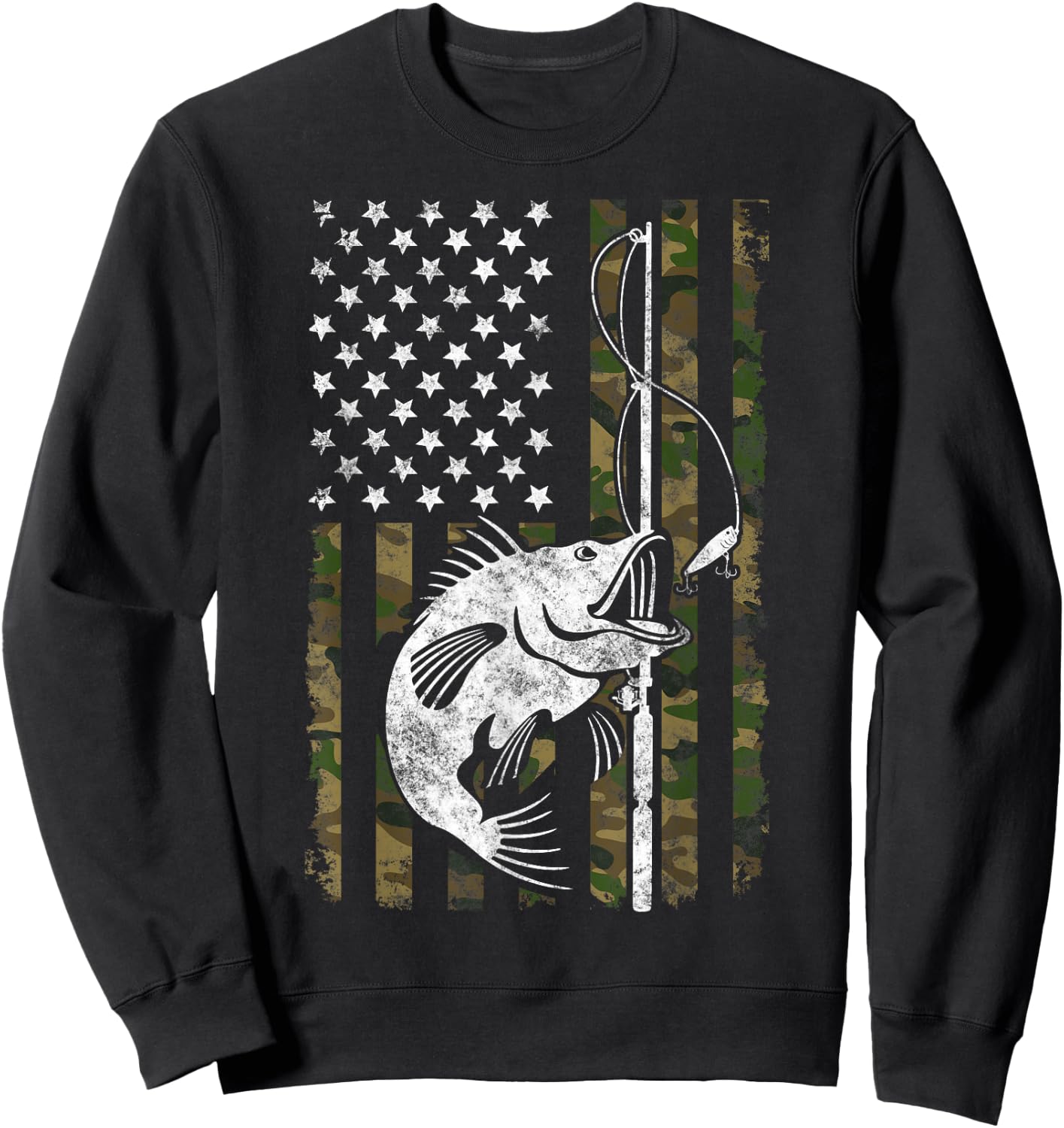 Fishing Camouflage American USA flag Fisherman Sweatshirt - Sweatshirt | Black