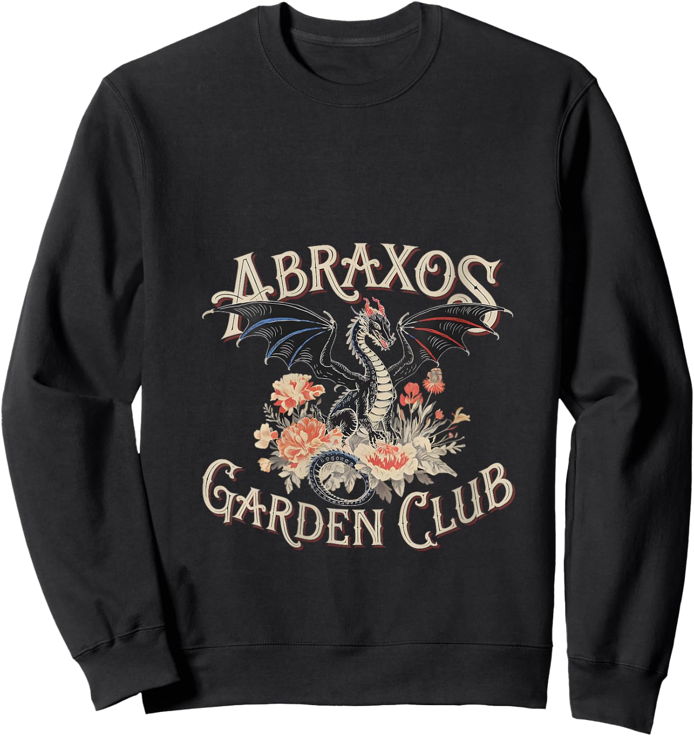 Abraxos Garden Club Dragon Vintage Fantasy Floral Design V-Neck Sweatshirt - Sweatshirt | Black