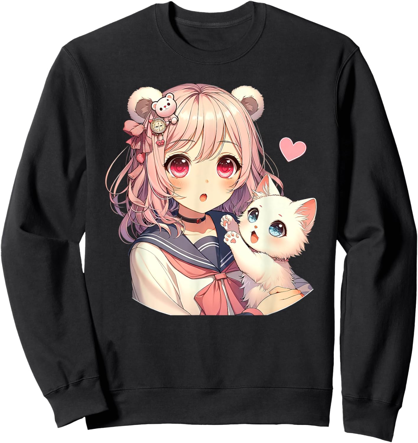 Anime Kawaii, girl with cute cat, adorable pink design, Otaku , Black, S Sweatshirt - Sweatshirt | Black