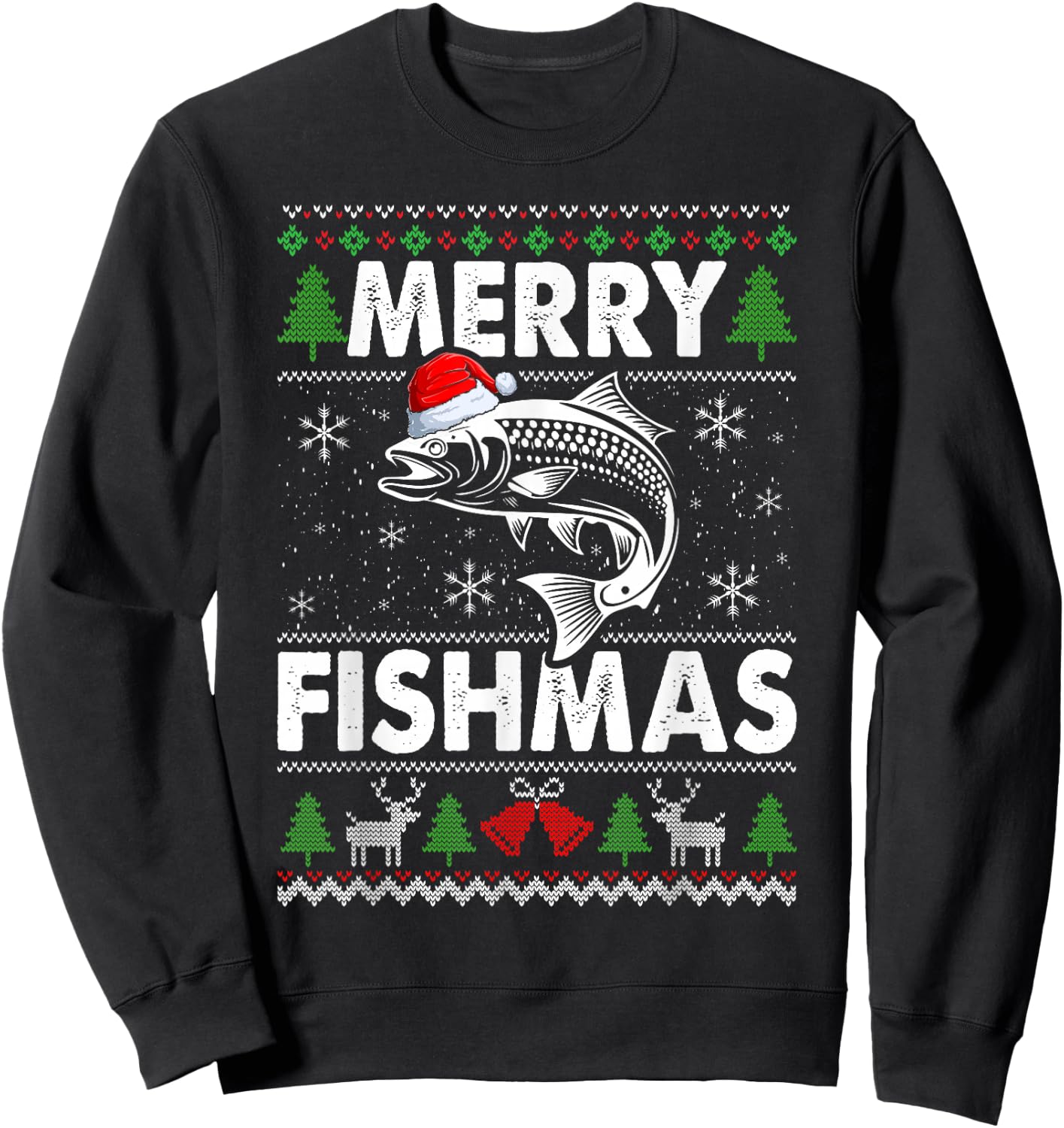 Merry Fishmas Fisherman Fishing Ugly Christmas Sweatshirt - Sweatshirt | Black