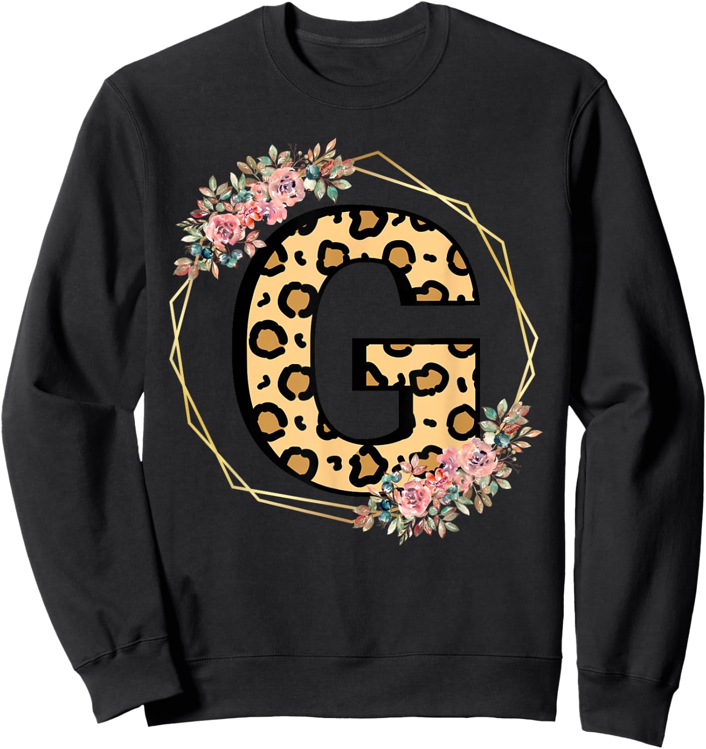 Leopard Letter G Initial Flower Monogram Women Girls Sweatshirt - Sweatshirt | Black