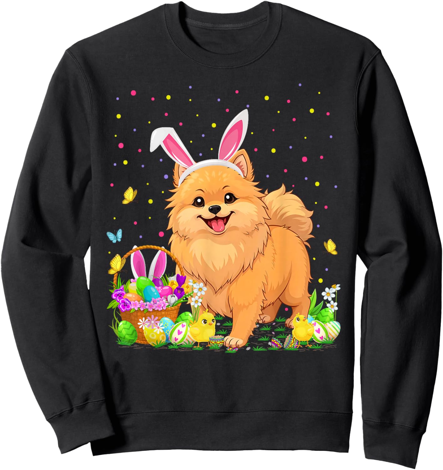 Pomeranian Dog Easter Egg Hunt Bunny Ear Pomeranian Easter Sweatshirt - Sweatshirt | Black