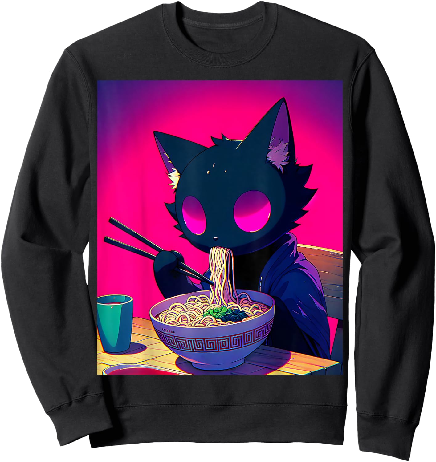 Void Black Cat Eating Ramen Anime Cat Gifts Men Women Kids Sweatshirt - Sweatshirt | Black