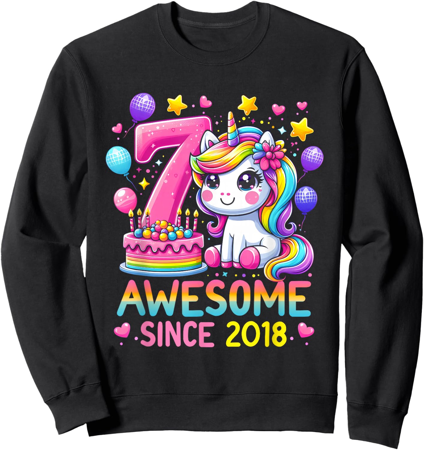 Unicorn 7th Birthday 7 Year Old Party Awesome Since 2018 Sweatshirt - Sweatshirt | Black