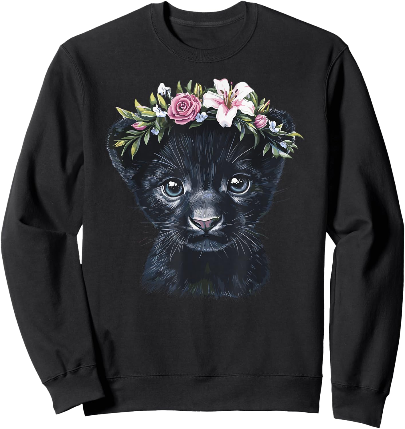 Adorable Black Panther Cub with Flower Crown Sweatshirt - Sweatshirt | Black