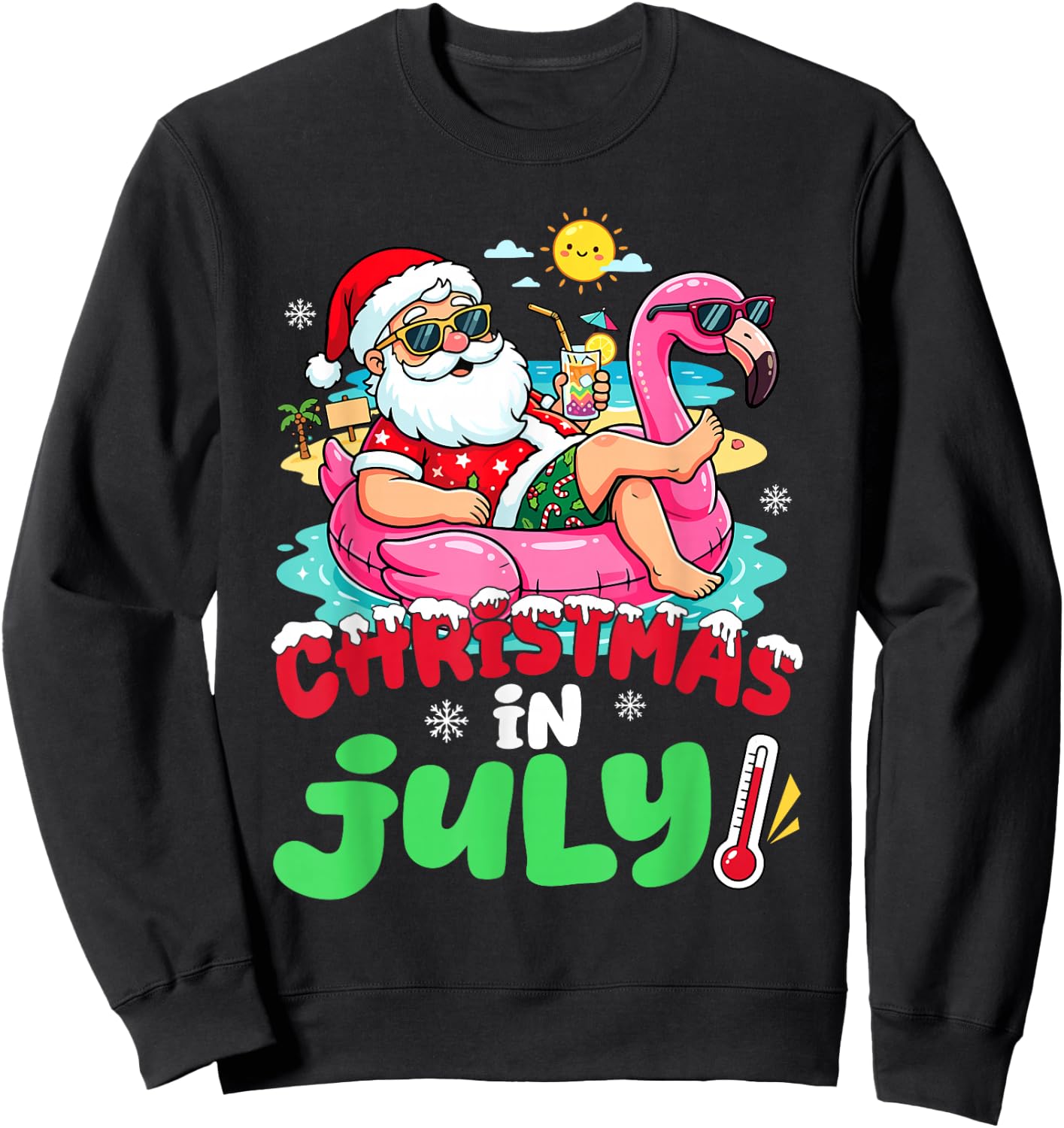 Santa Flamingo Floatie Summer Christmas in July Men Women Sweatshirt - Sweatshirt | Black