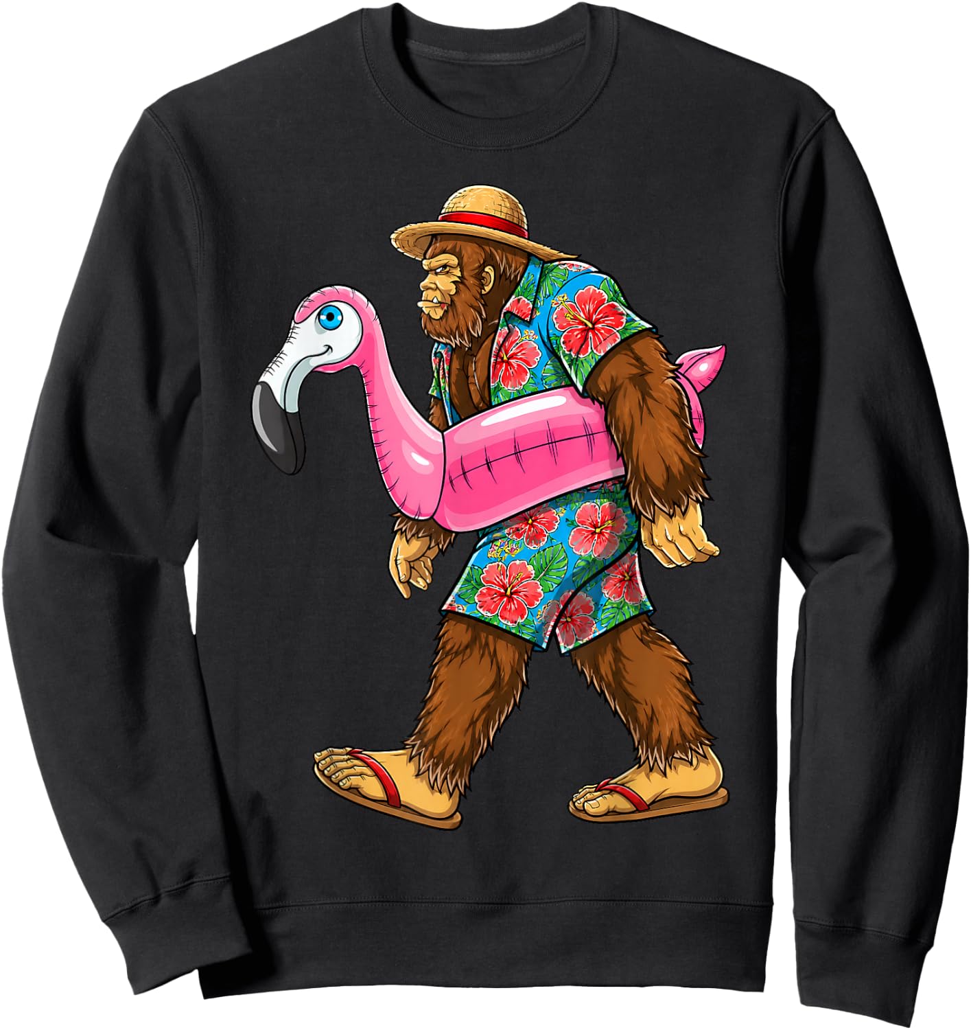 Bigfoot Flamingo Sasquatch Summer Pink Float Pool Party Sweatshirt - Sweatshirt | Black