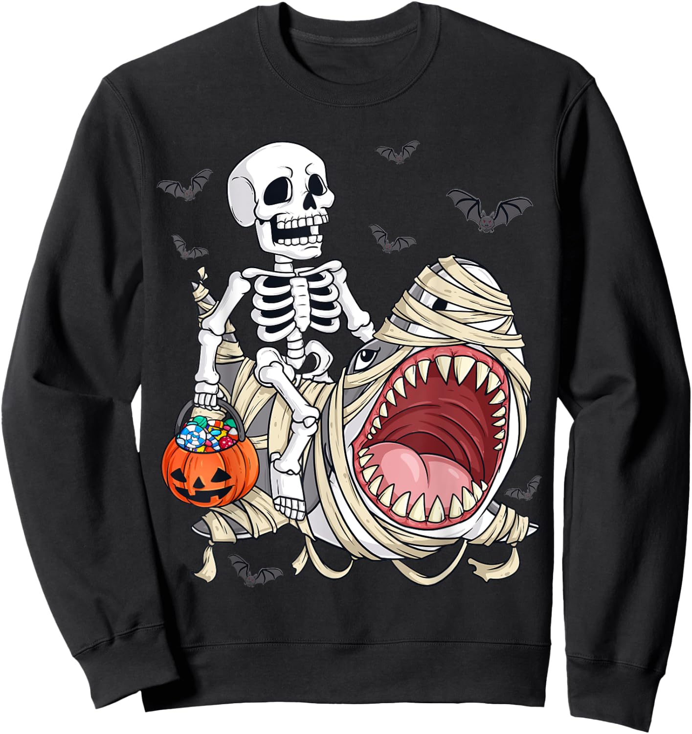 Skeleton Riding Mummy Shark Funny Halloween Pumpkin Kids Sweatshirt - Sweatshirt | Black