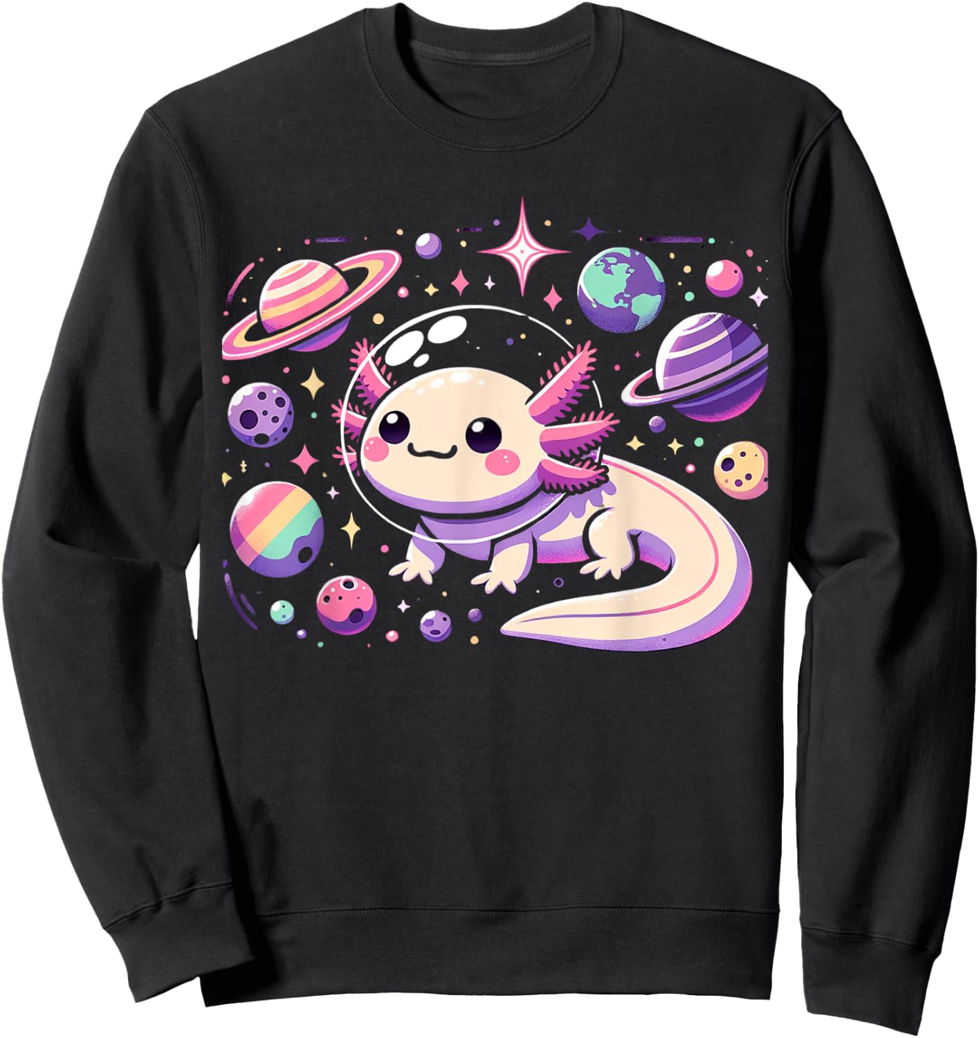 Kawaii Axolotl in Space with Planets Stars Anime Aesthetic Sweatshirt - Sweatshirt | Black