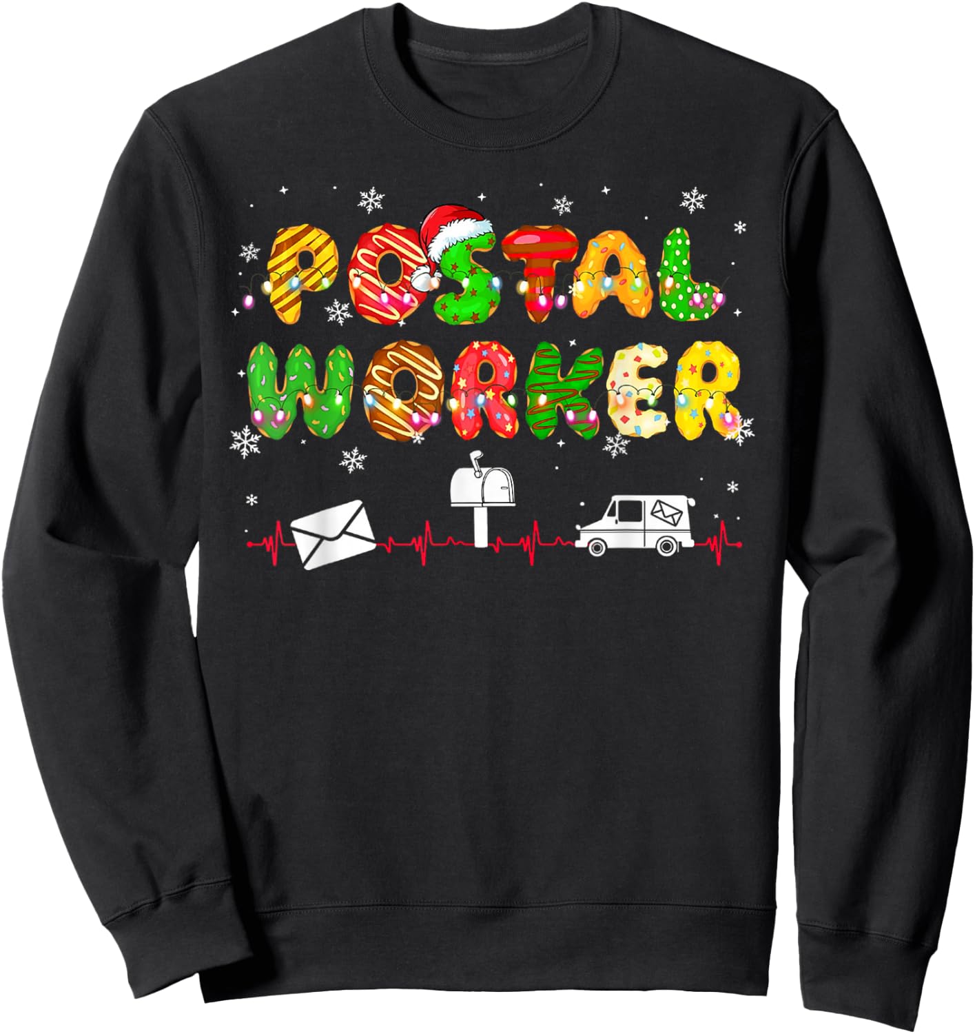 Funny Xmas Lights Postal Worker Life Heartbeat Christmas PJ Sweatshirt - Sweatshirt | Black