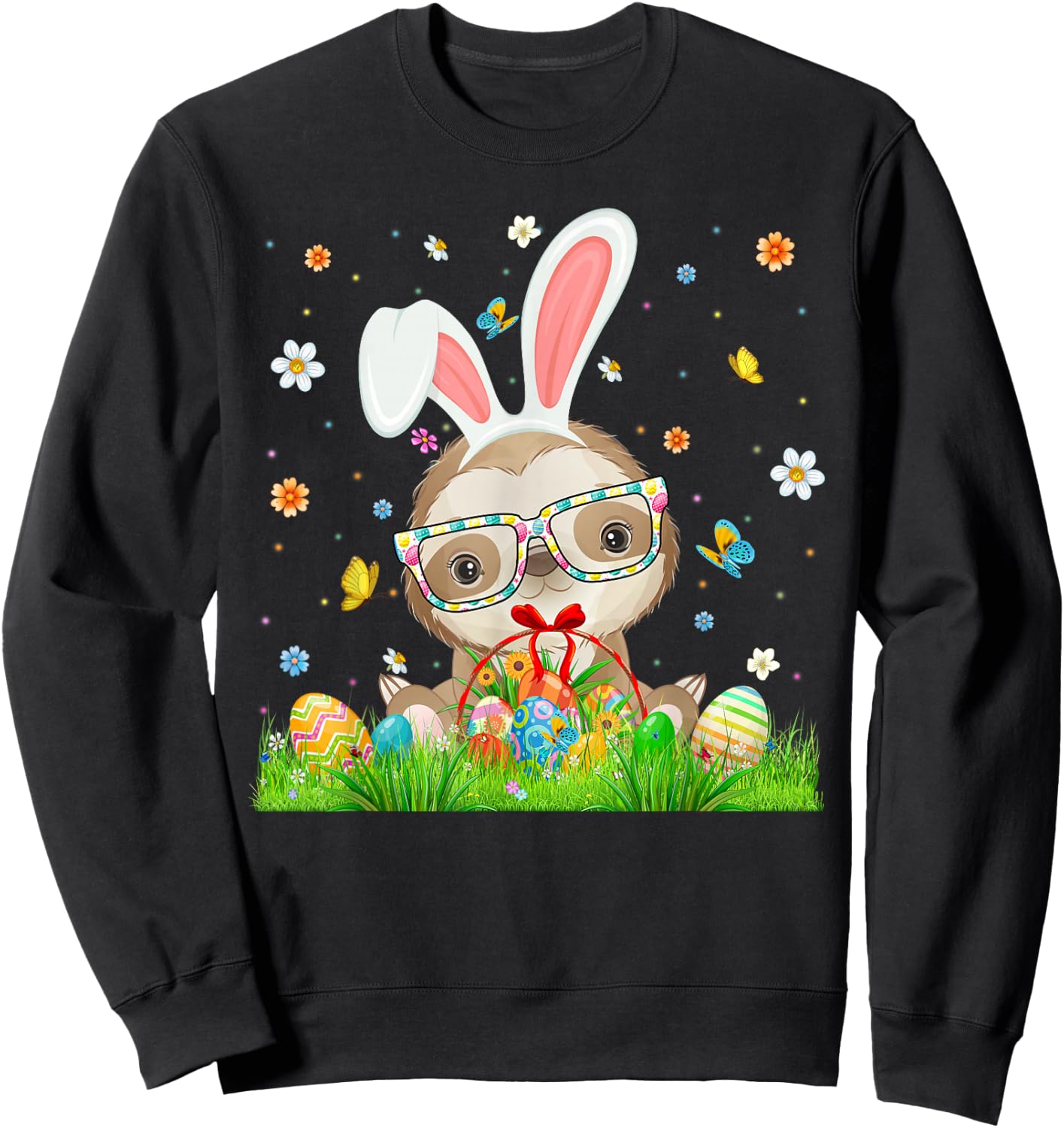 Cute Bunny Sloth & Easter Egg Basket Happy Easter Day Kids Sweatshirt - Sweatshirt | Black