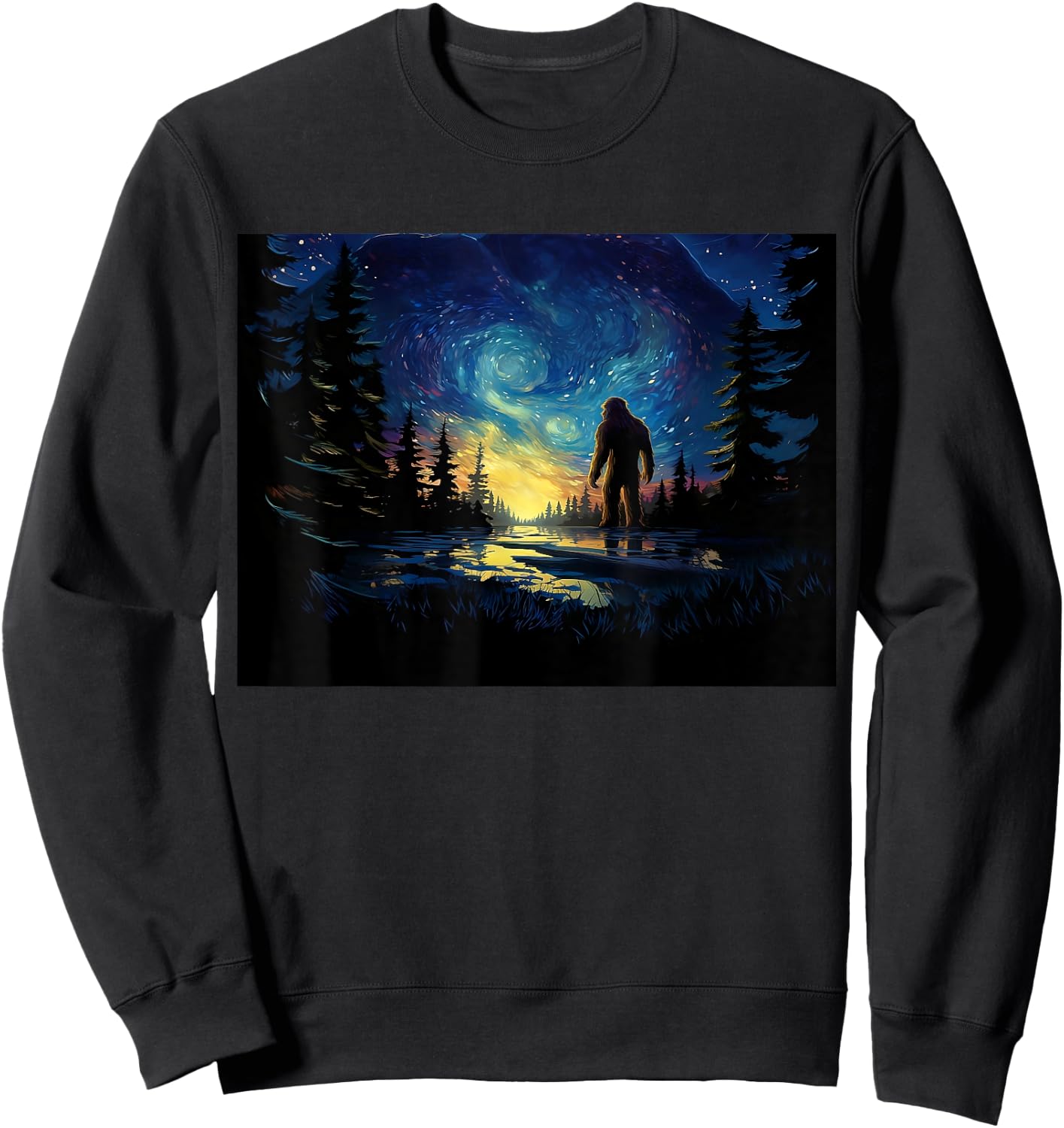 Funny Bigfoot Hiking Art Starry Night Hiker Want to Believe Sweatshirt - Sweatshirt | Black