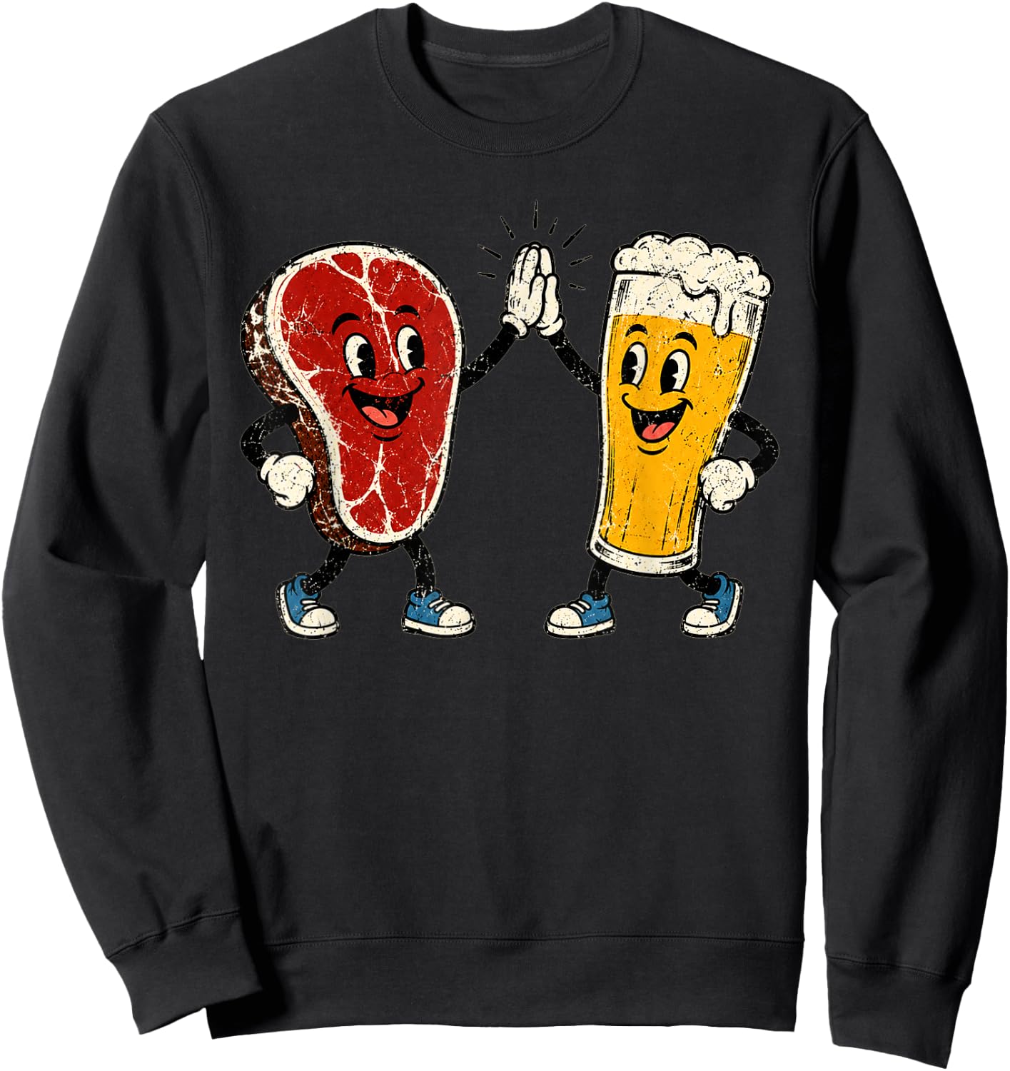 Steak and Suds Funny Steak Beer Retro Cartoon High Five Food Sweatshirt - Sweatshirt | Black