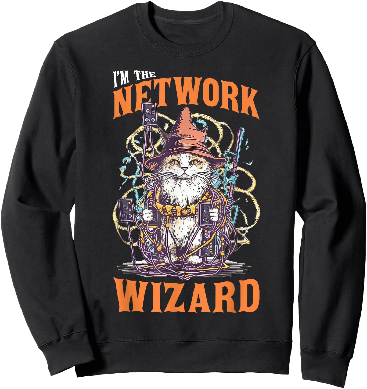 Network Wizard Network Admin Cat Computer Engineer Sweatshirt - Sweatshirt | Black