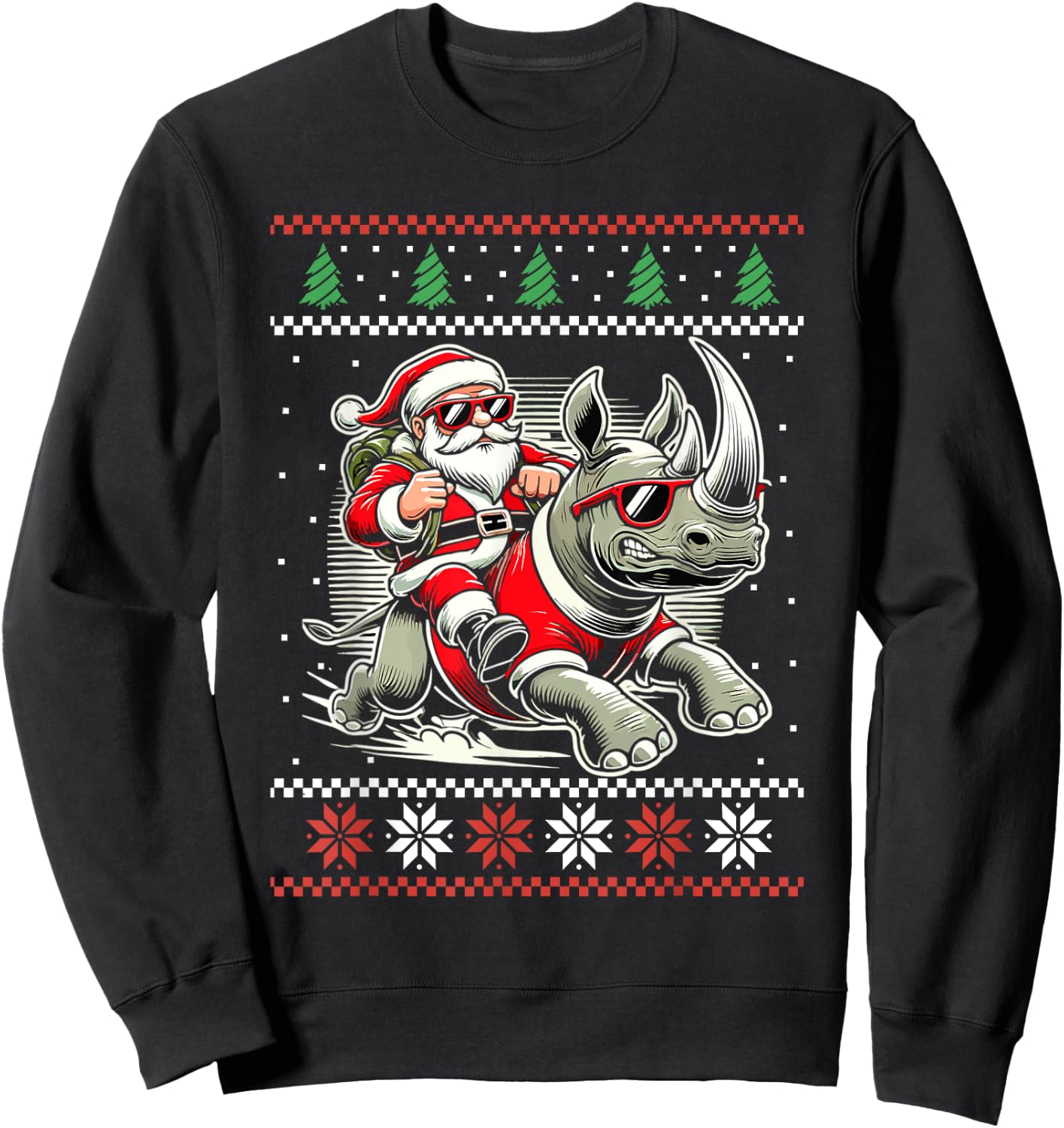 Santa Riding Rhinoceros Ugly Christmas Sweater Rhino Xmas Sweatshirt - Sweatshirt | Black