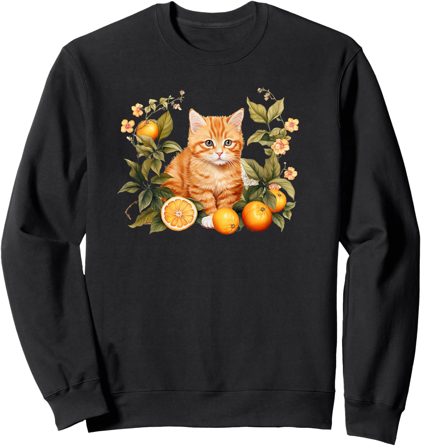 Girls Kids Flowers Orange Tabby Kitten Lover Sweatshirt - Sweatshirt | Black