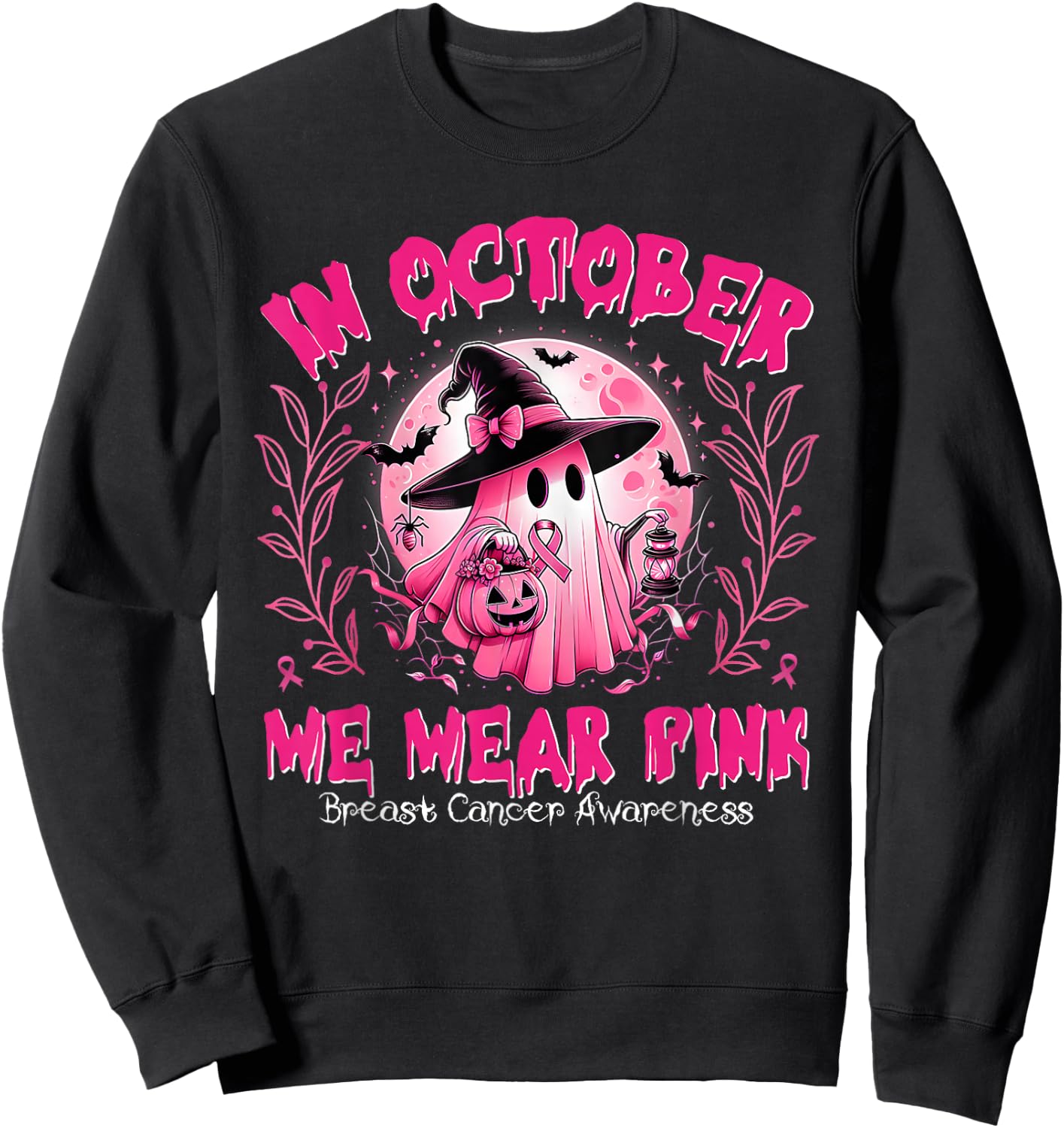 Breast Cancer Awareness In October We Wear Pink Ghost Witch Sweatshirt - Sweatshirt | Black