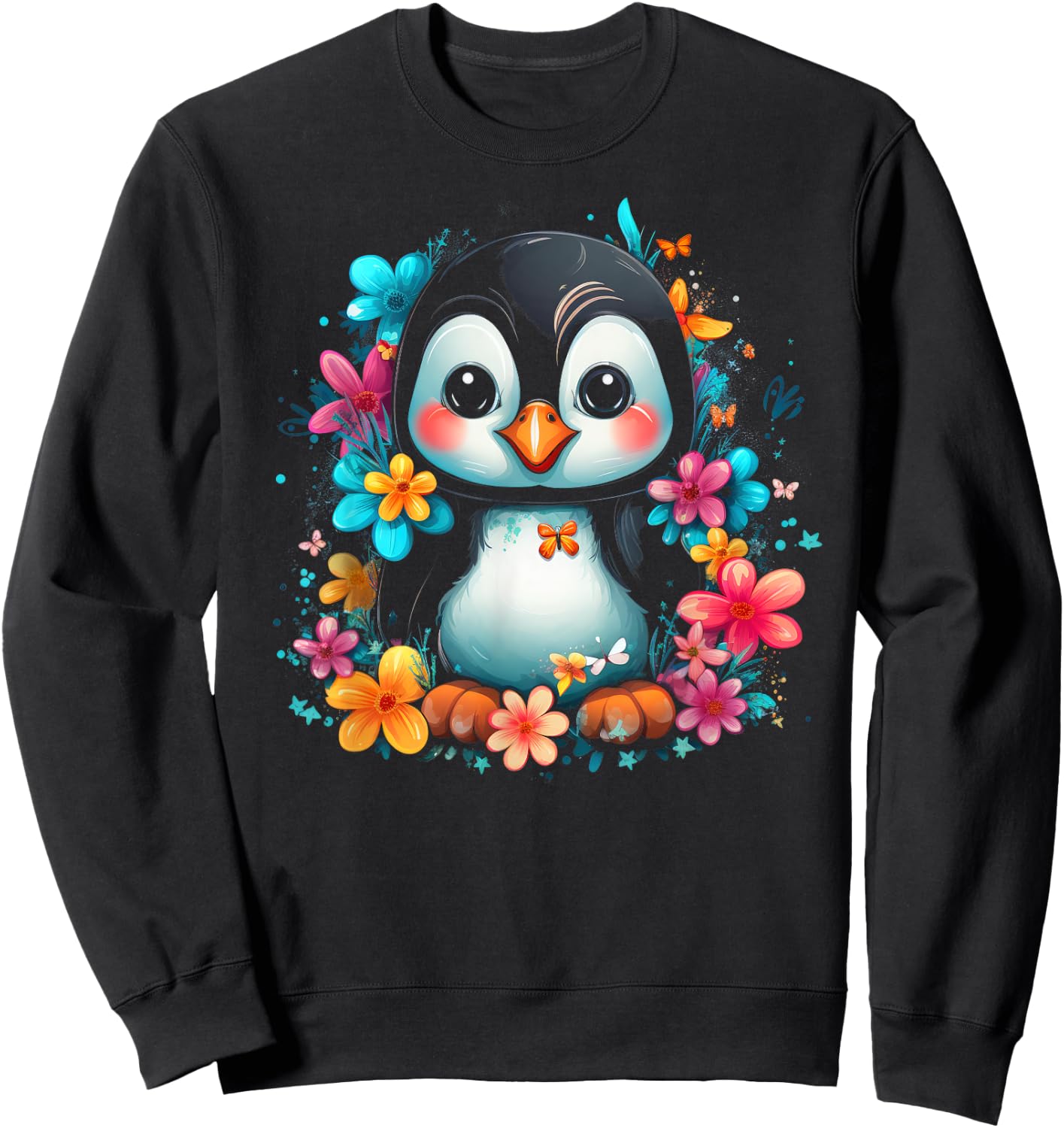 Cute Bird Face Floral Colorful Flower Butterfly - Penguin Sweatshirt - Sweatshirt | Black