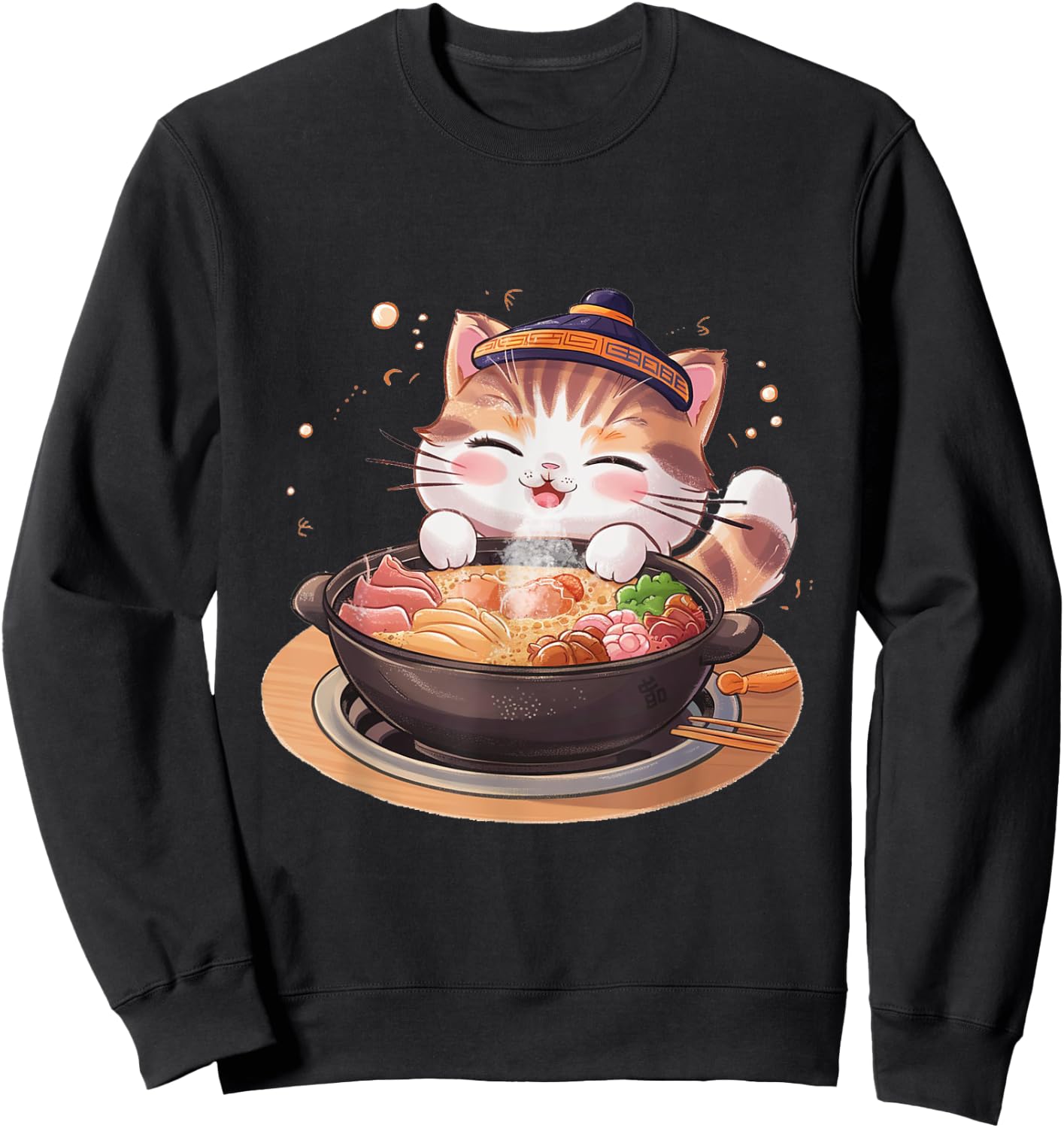 Kawaii Anime Cat Hot Pot Bowl Cute Feline Eats Chinese Food Men Women Kids Sweatshirt - Sweatshirt | Black