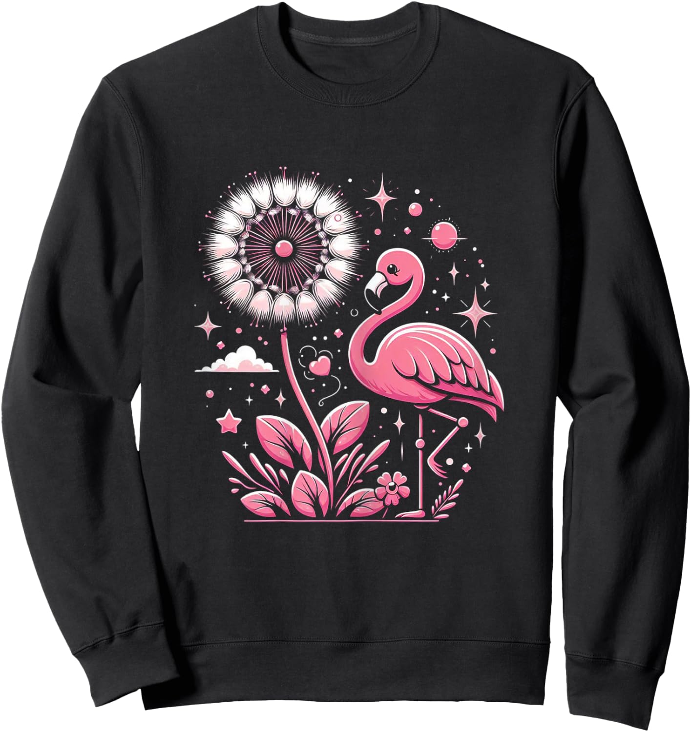 Flamingo And Dandelion Flowers Pink Bird Sweatshirt - Sweatshirt | Black