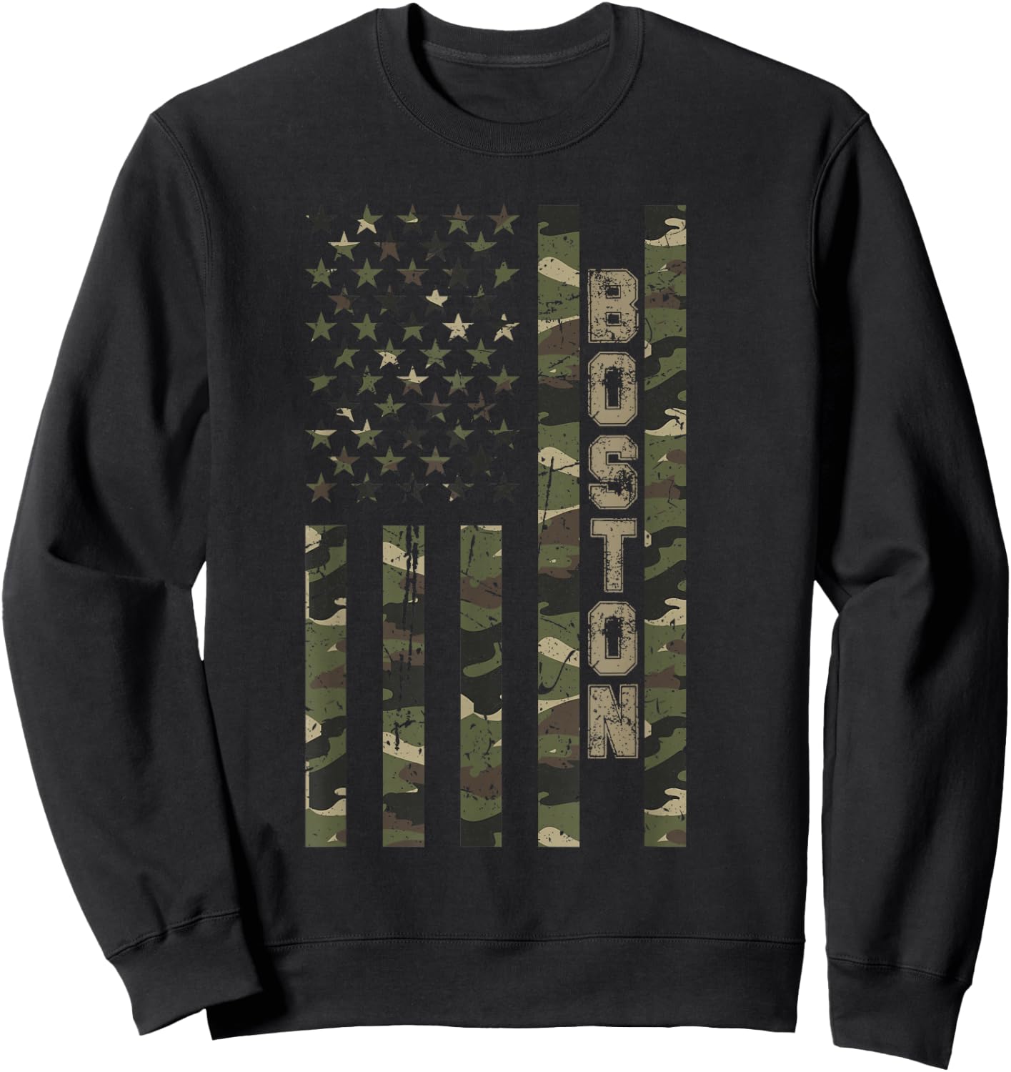 Boston United States Distressed Camo w US Flag Sweatshirt - Sweatshirt | Black