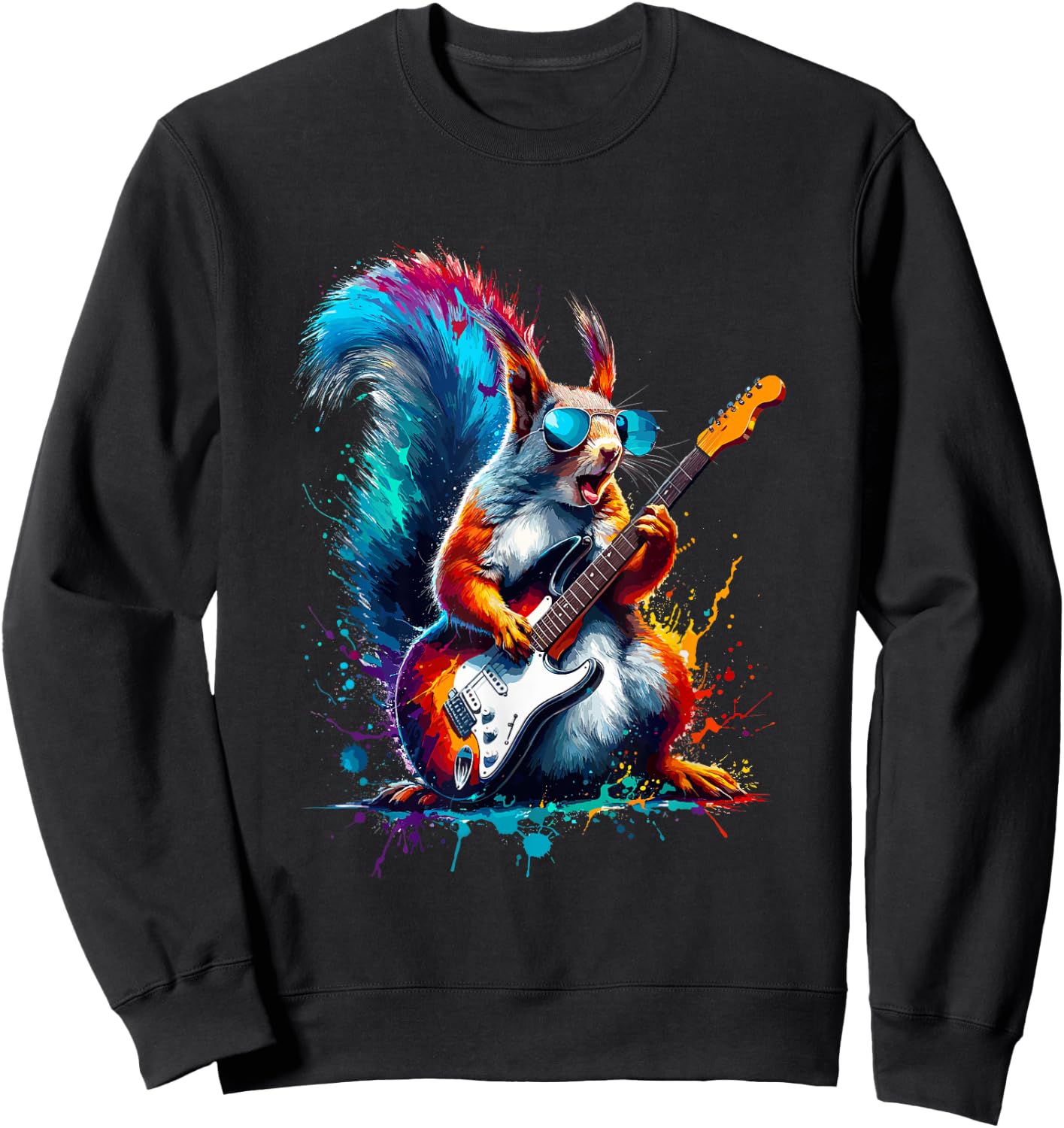 Colorful Splash Art Squirrel Guitarist Electric Guitar Sweatshirt - Sweatshirt | Black