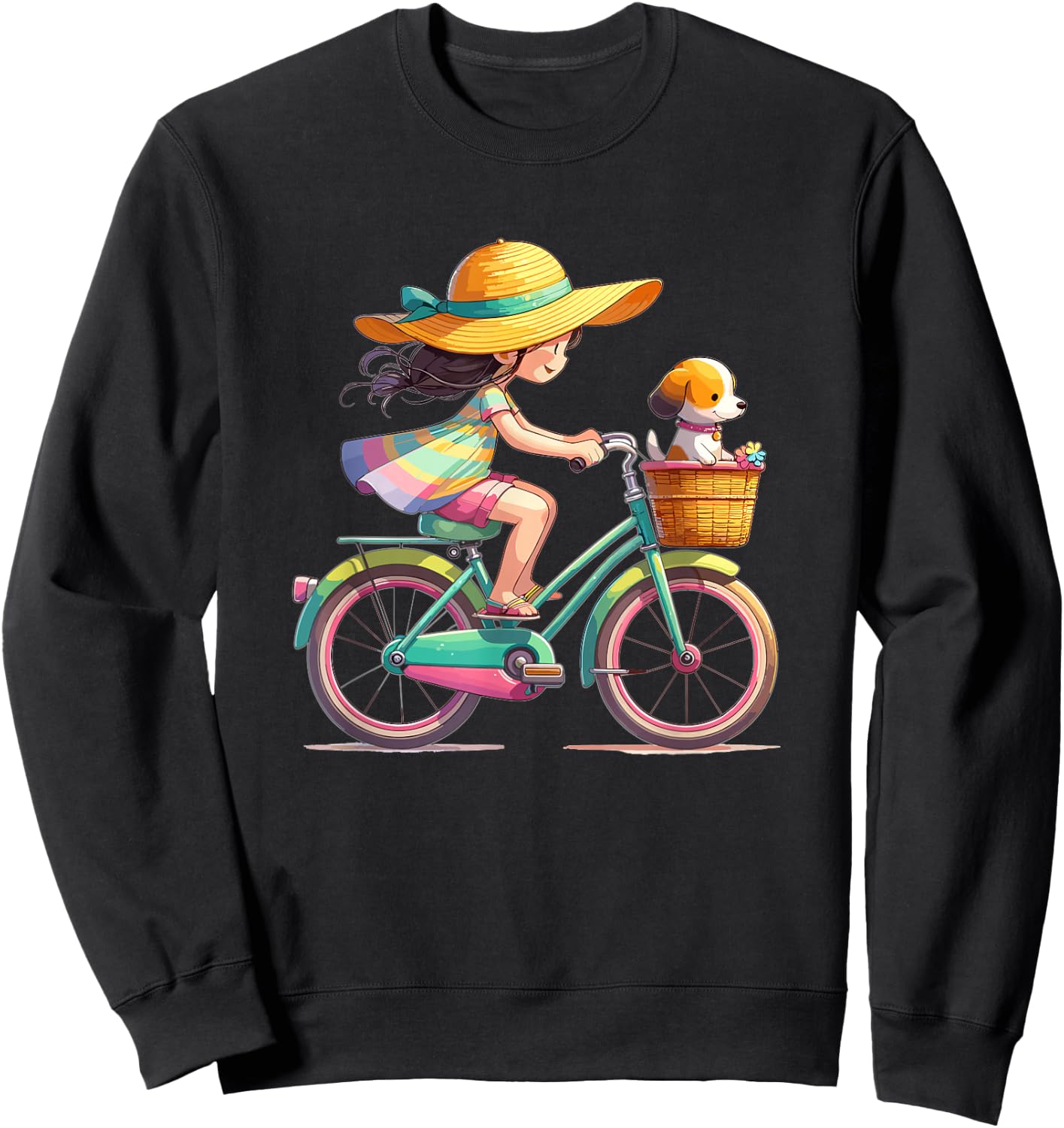 Girl on Bicycle with Little Dog in Bicycle Basket , black Sweatshirt - Sweatshirt | Black