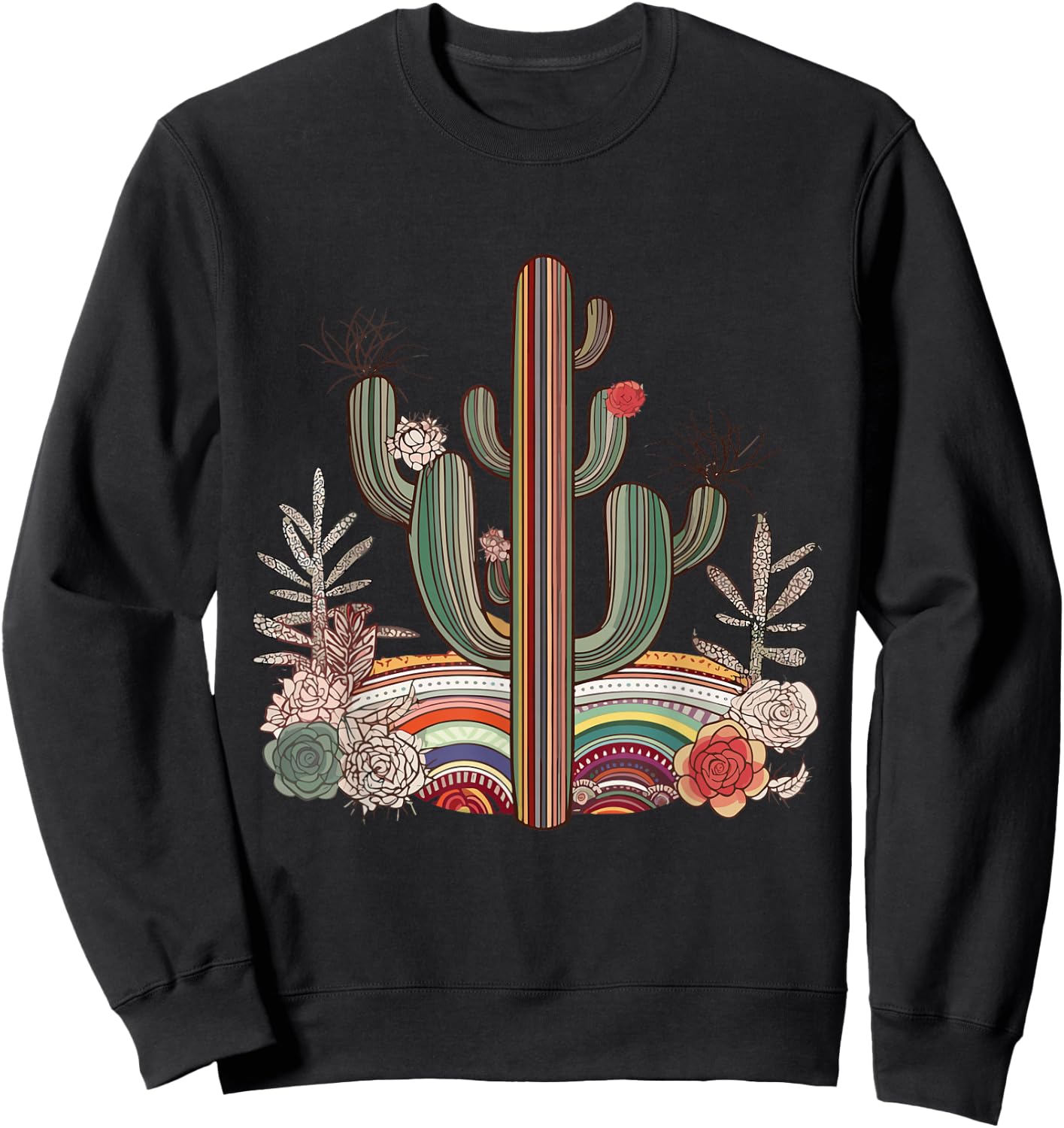 Serape Cactus Print Turquoise Western Saguaro Cactus Sweatshirt - Sweatshirt | Black