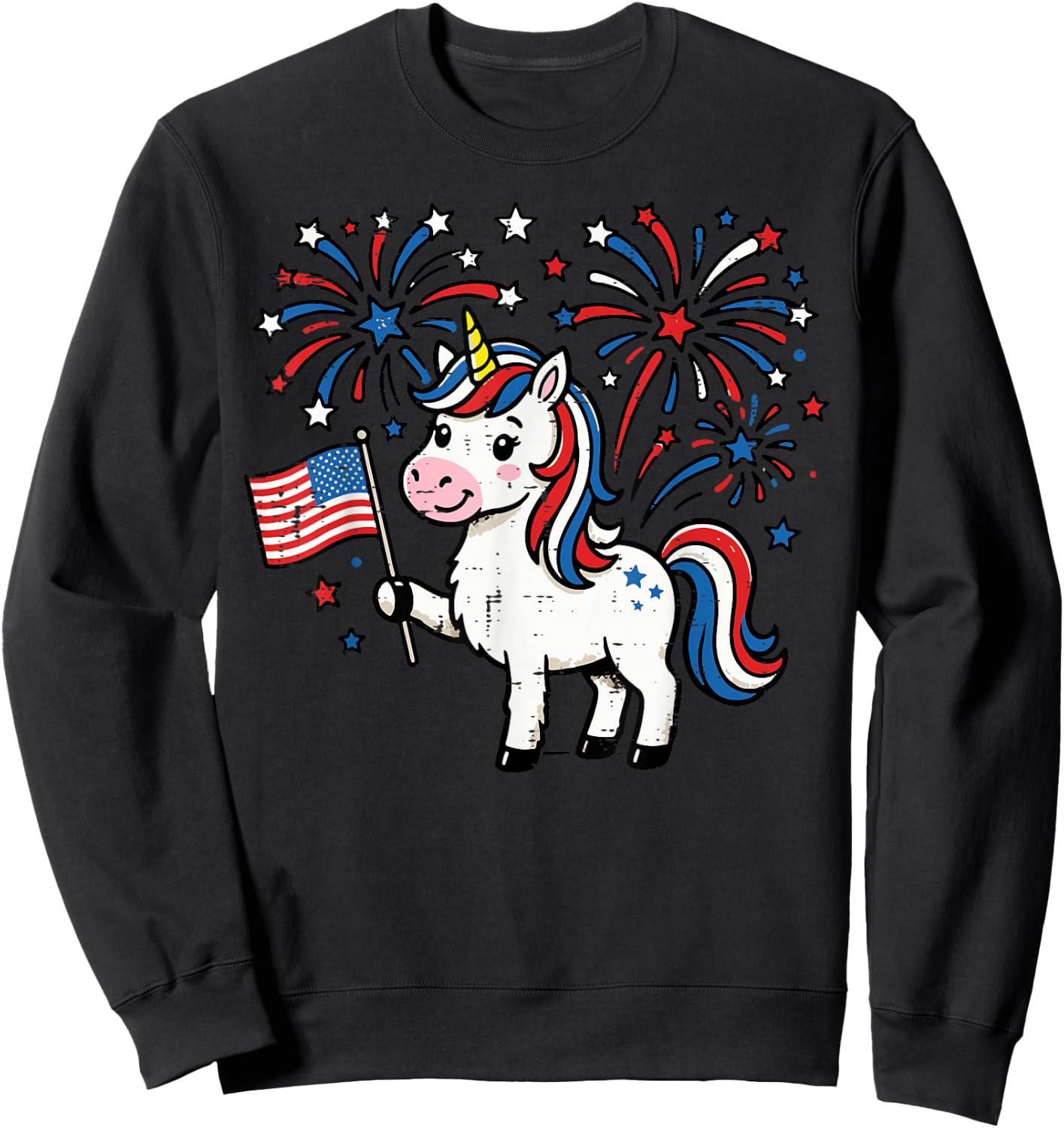 Patriotic Unicorn US Flag Fireworks 4th of July Girl Kids Sweatshirt - Sweatshirt | Black
