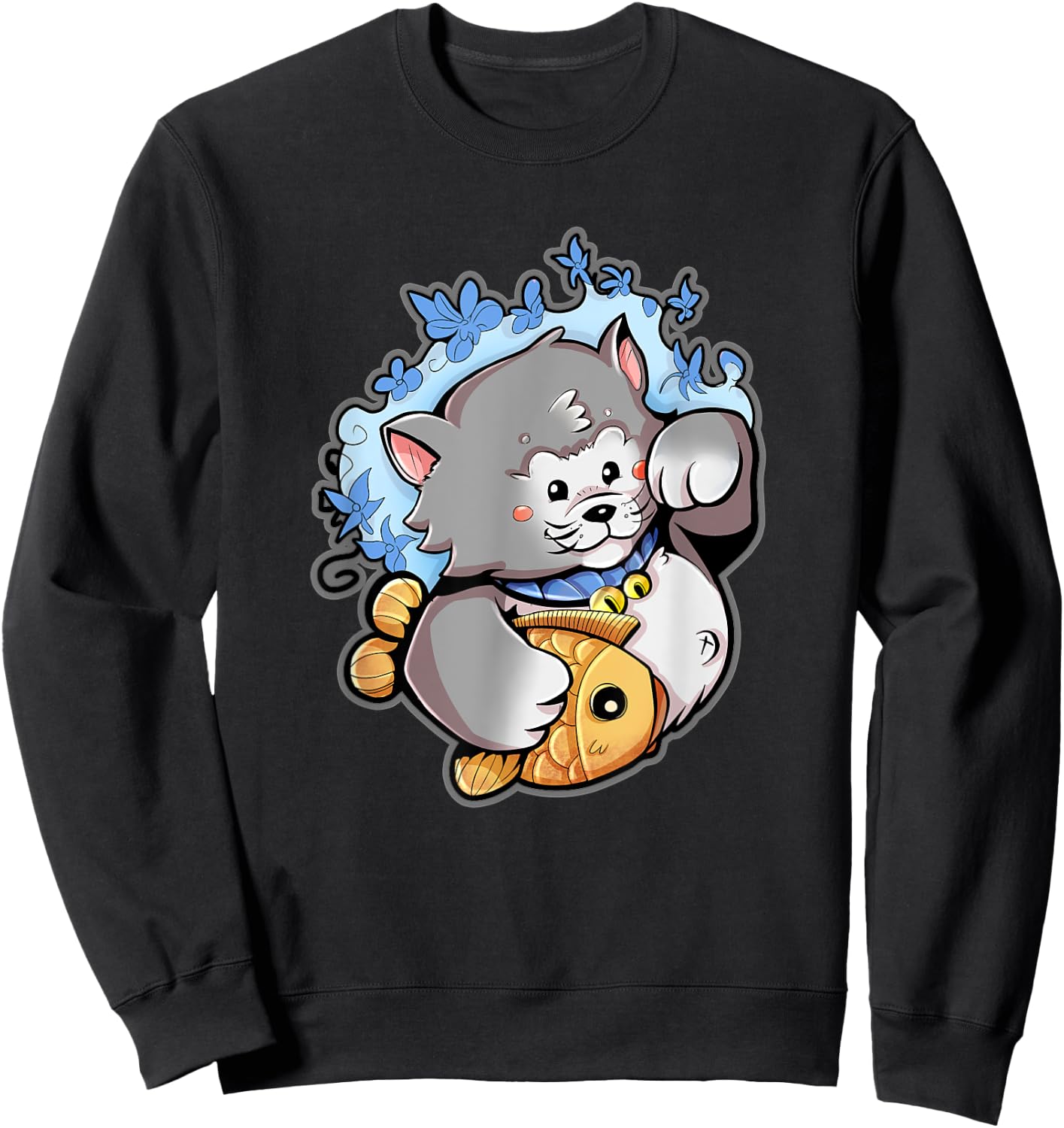 Lucky Gray Maneki-Neko Cat with a Taiyaki Sweatshirt - Sweatshirt | Black