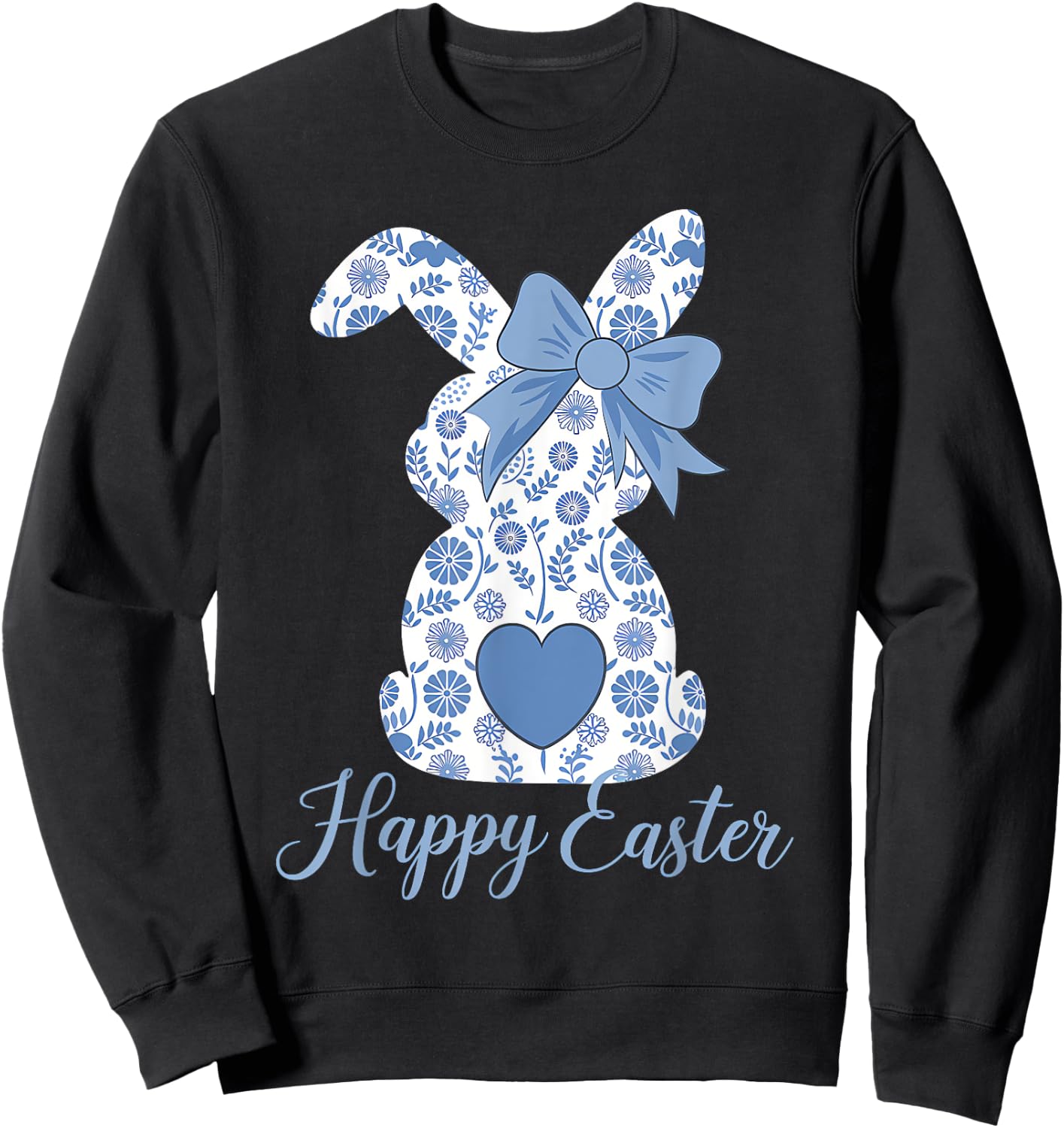 Easter Chinoiserie Floral Bunny With Cute Blue Bow Coquette Sweatshirt - Sweatshirt | Black