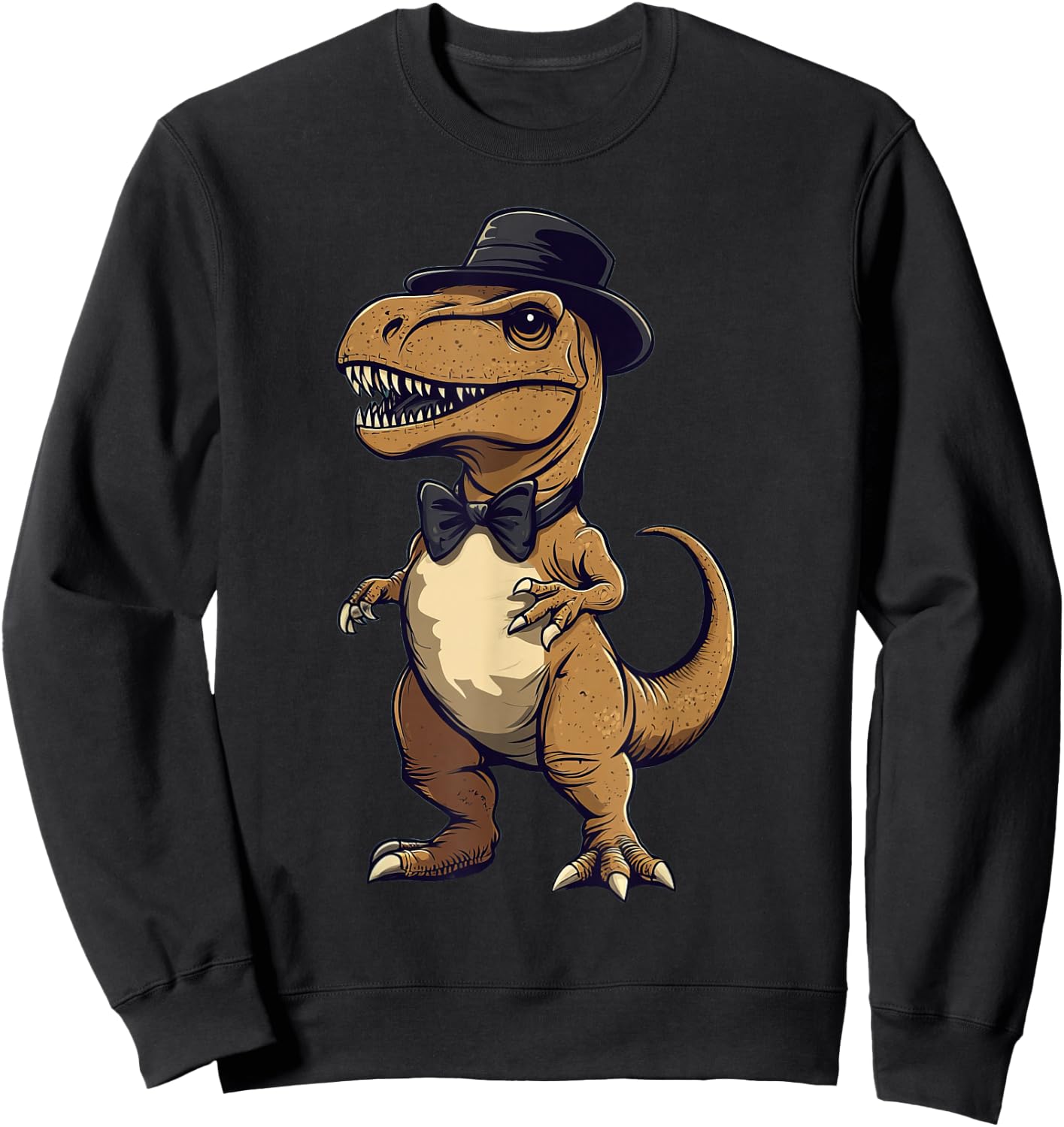 T-Rex Dinosaur Wearing A Hat And Bowtie Sweatshirt - Sweatshirt | Black