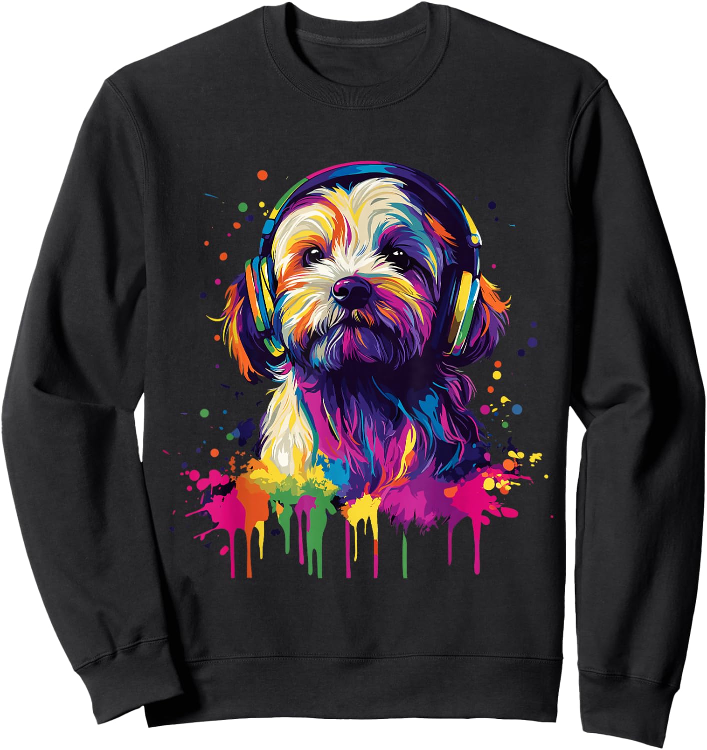 Havanese Lover Pop Art Wearing Headphones Funny Havanese , black Sweatshirt - Sweatshirt | Black
