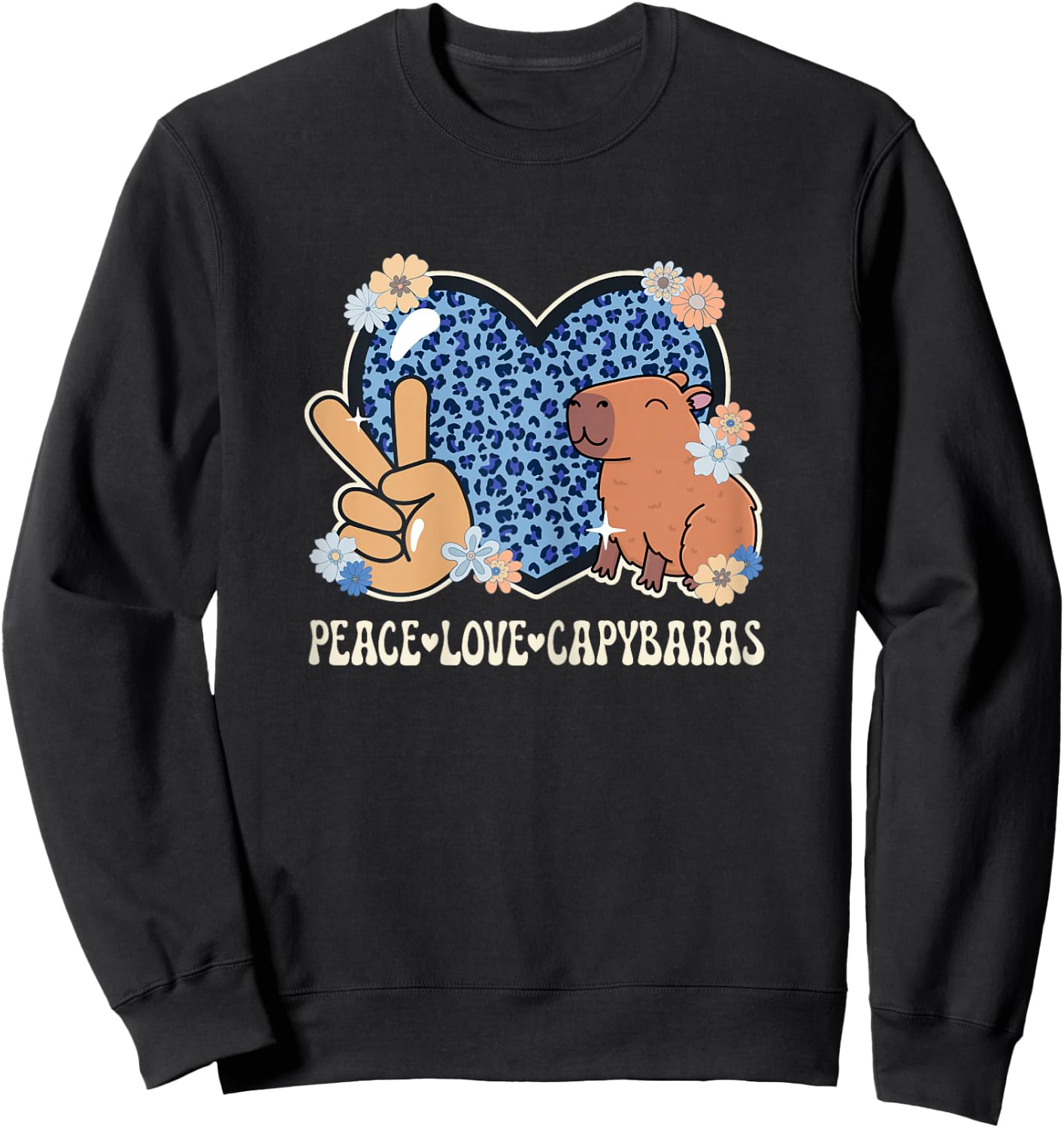 Peace Love Capybaras Leopard Print Women Cute Capybara Lover Sweatshirt - Sweatshirt | Black