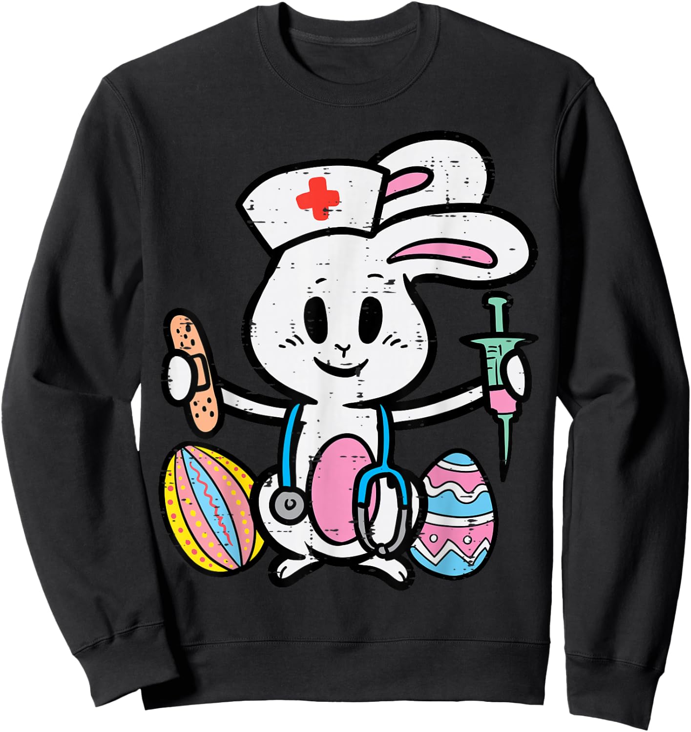 Easter Bunny Nurse Stethoscope Cute Rabbit Scrub Top Women Sweatshirt - Sweatshirt | Black