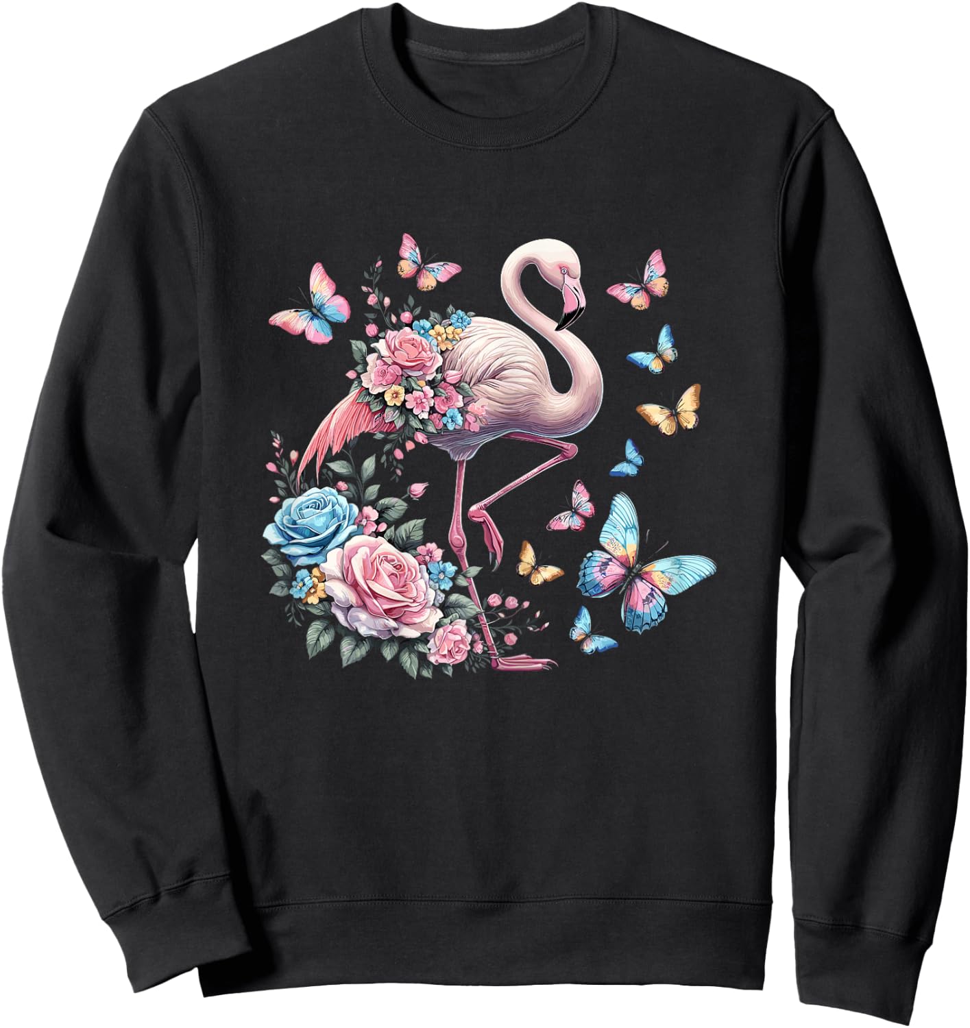 Cute Pink Flamingo Flowers Sweatshirt - Sweatshirt | Black