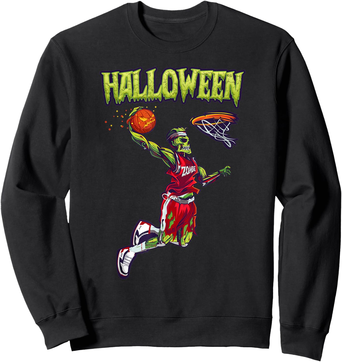 Jump Zombie Basketball Dunk Player Halloween Pumpkin Ball Sweatshirt - Sweatshirt | Black