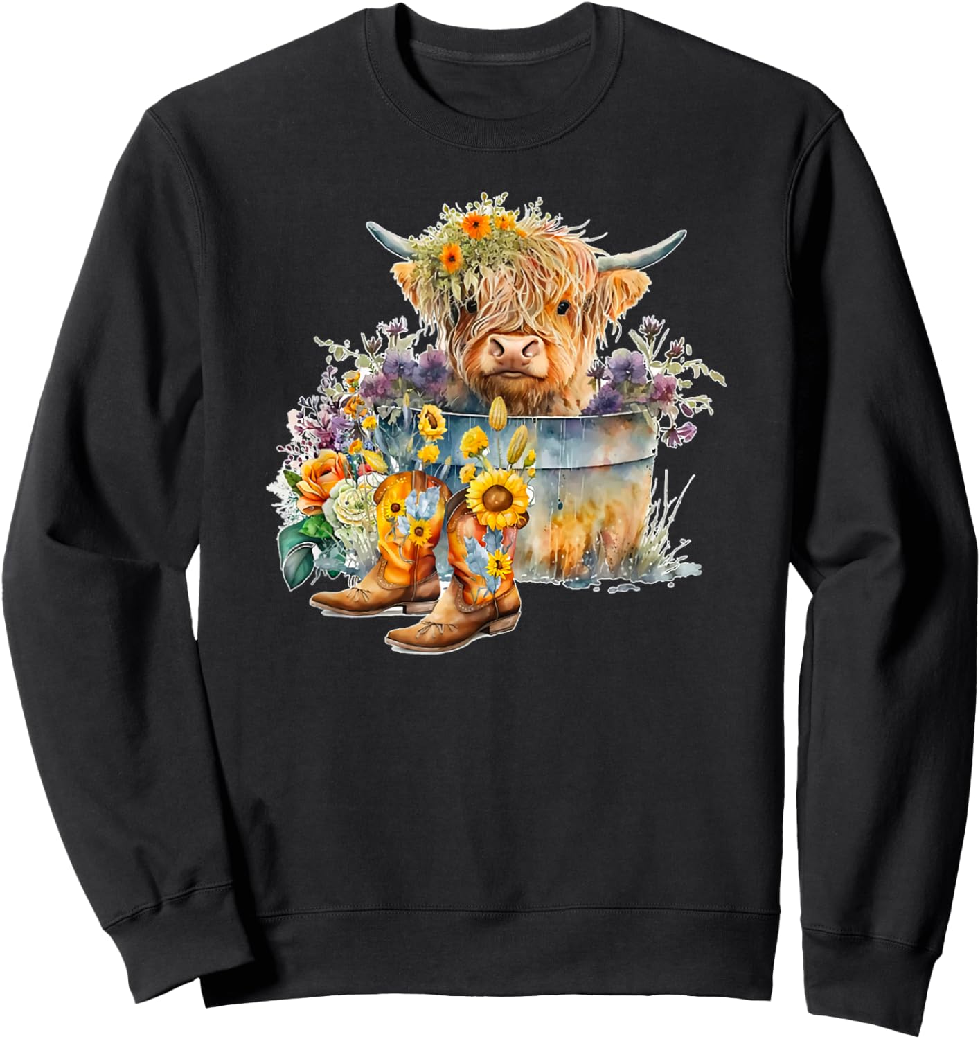 Scottish Highland Cow Cattle Farm Hairy Cowgirl Flower Woman Sweatshirt - Sweatshirt | Black