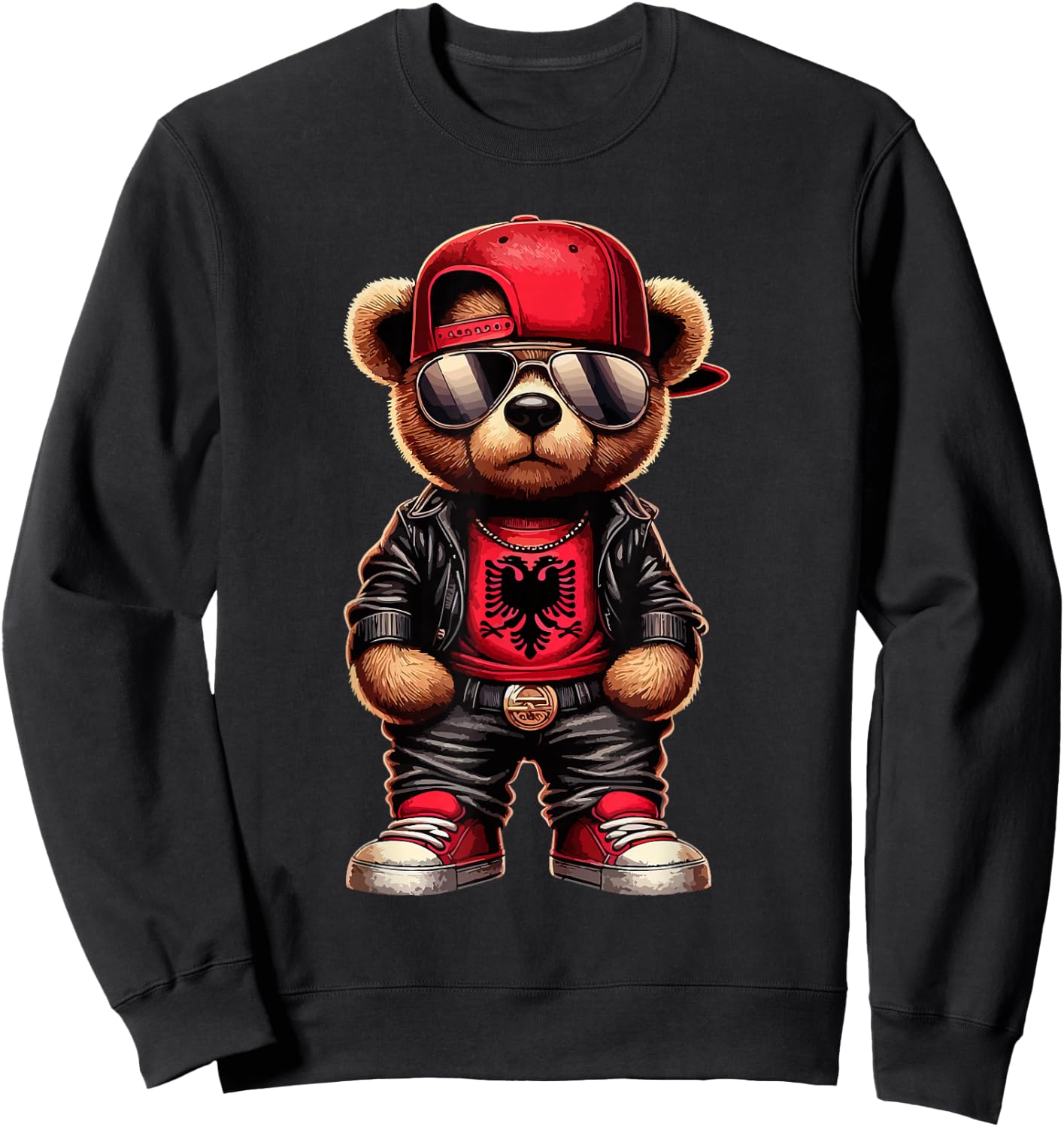Cool Albanian Teddy Bear Albania Flag Outfit Street , black Sweatshirt - Sweatshirt | Black