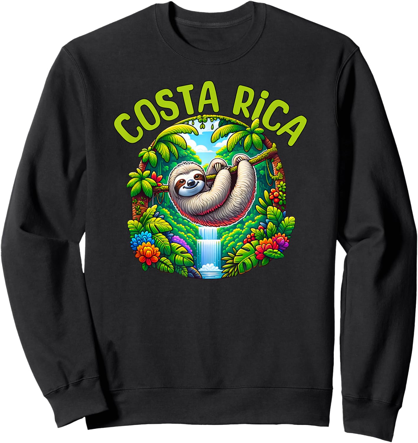 Costa Rica Sloth - Tropical Rainforest Waterfall Travel Fun Sweatshirt - Sweatshirt | Black