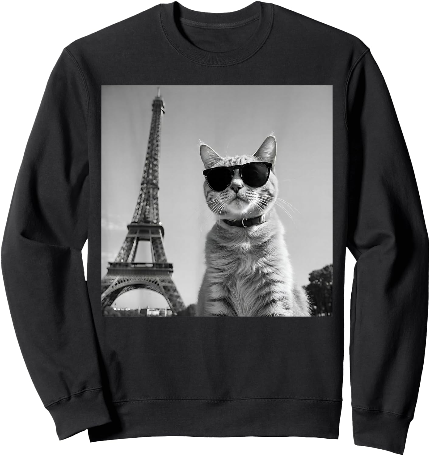 Funny French Cat with Sunglasses and Paris Eiffel Tower , black Sweatshirt - Sweatshirt | Black