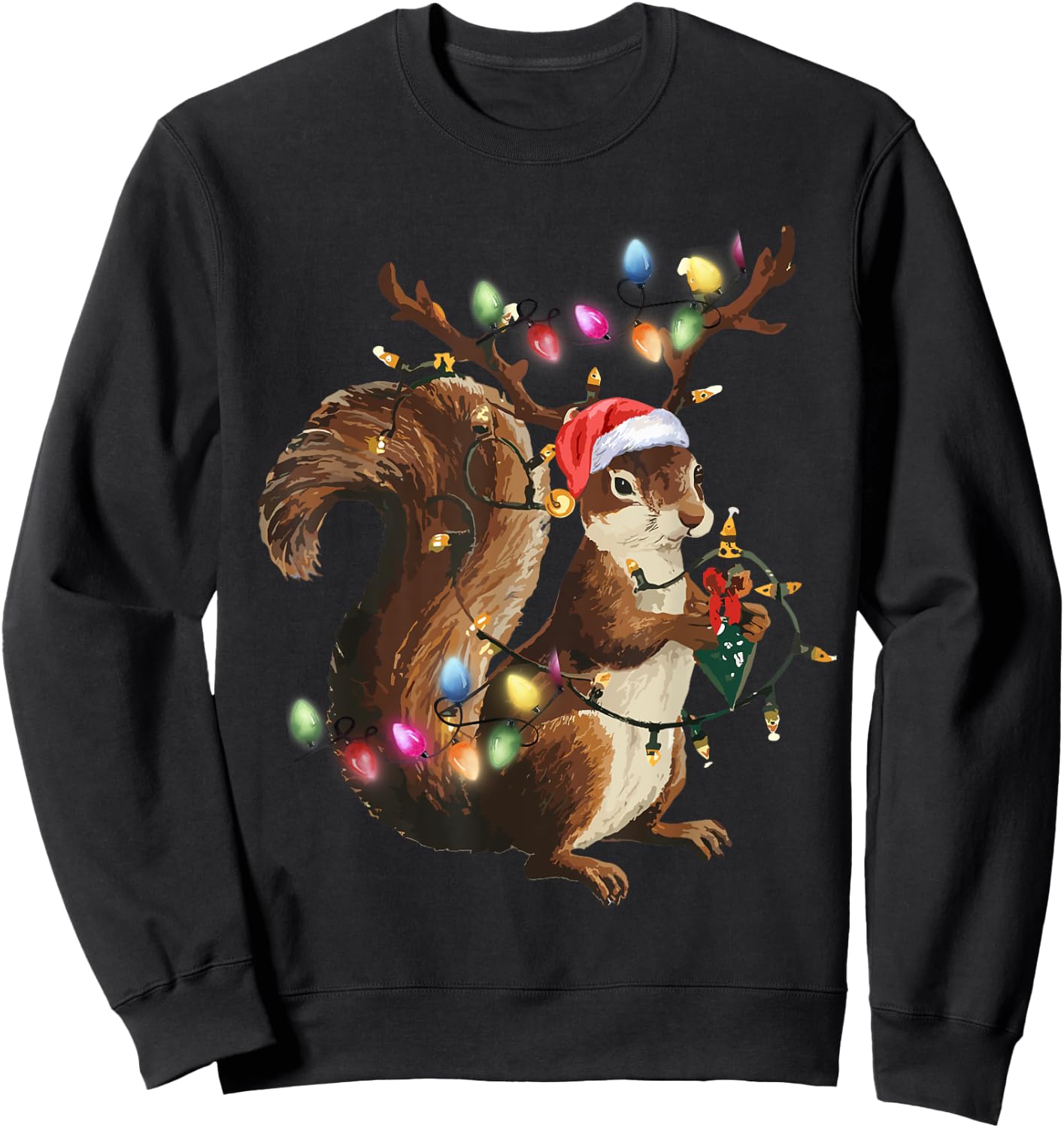 Funny Squirrel Christmas Tree Lights Reindeer Santa Hat Xmas Sweatshirt - Sweatshirt | Black