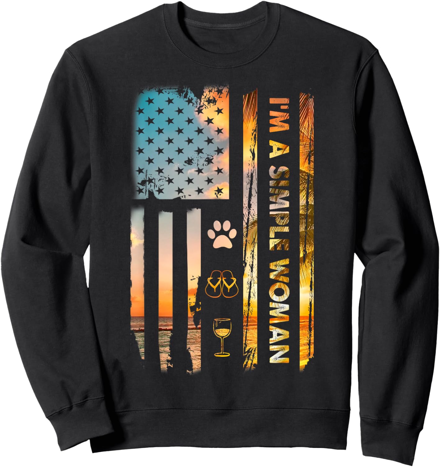 I'm A Simple Woman Camping Wine Flip Flops Love Dog USA Flag Sweatshirt - Sweatshirt | Black